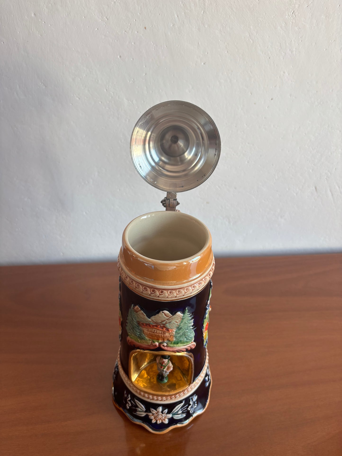 German Beer Stein with Music Box and Dancing Man – Vintage Ceramic and Metal Stein