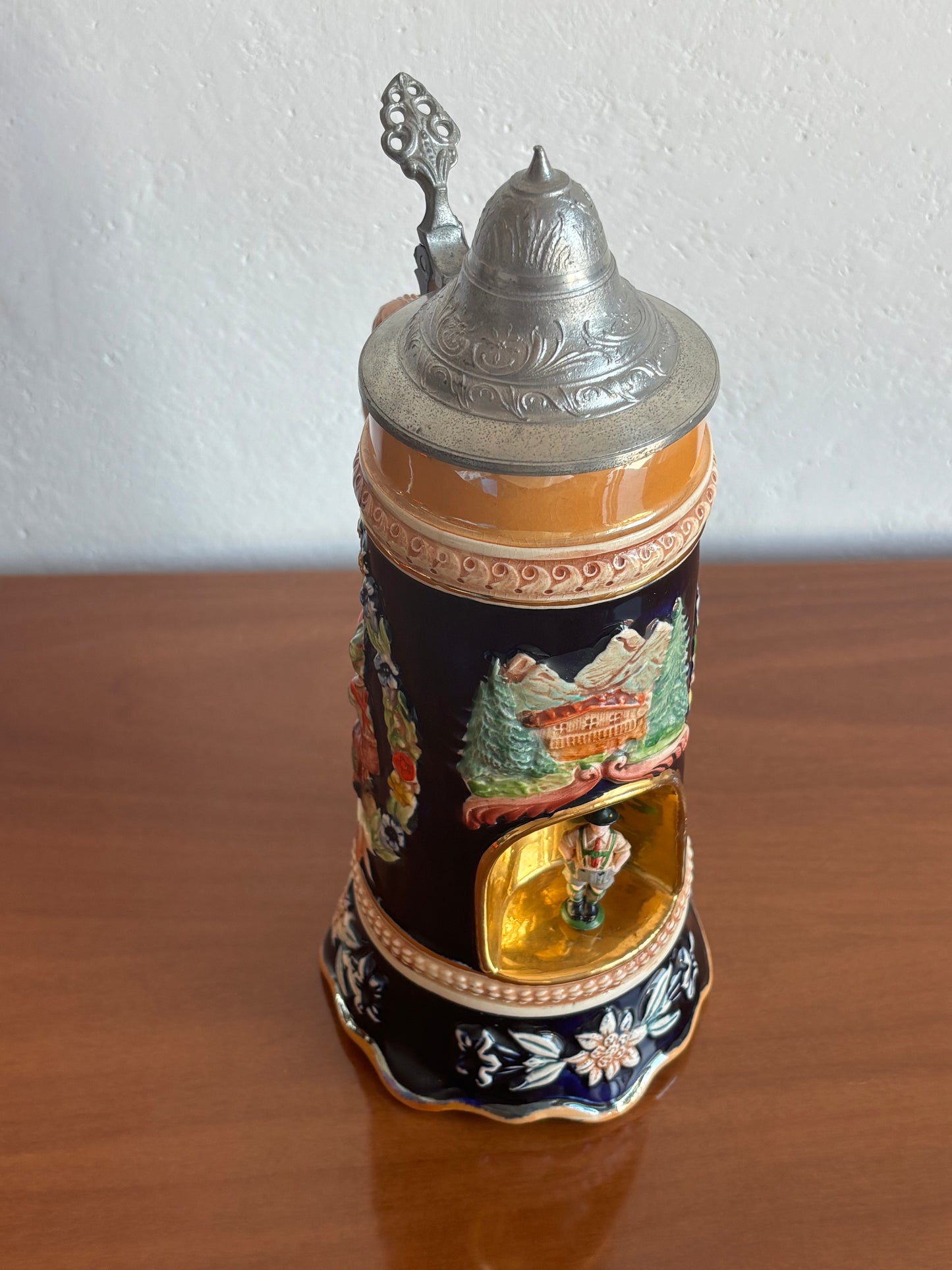 German Beer Stein with Music Box and Dancing Man – Vintage Ceramic and Metal Stein
