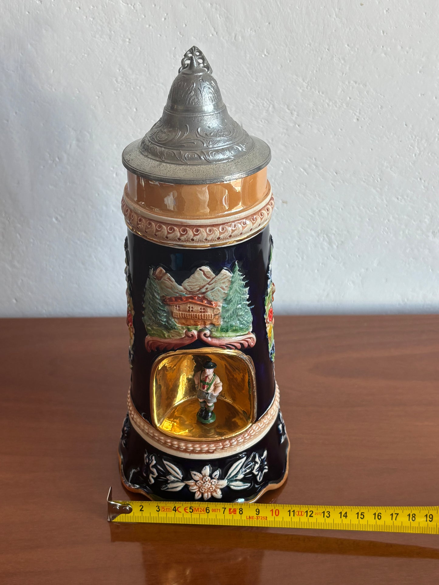 German Beer Stein with Music Box and Dancing Man – Vintage Ceramic and Metal Stein