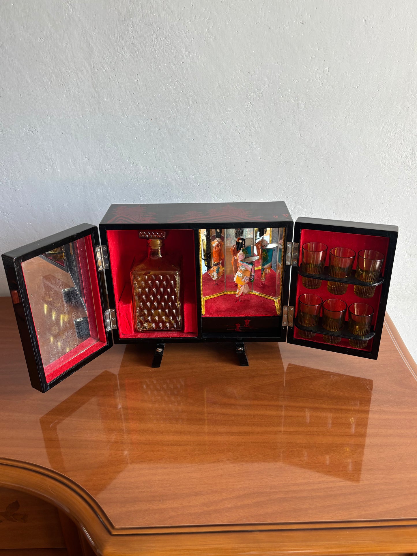 Japanese Bar Cabinet with Music Box and Rotating Geisha