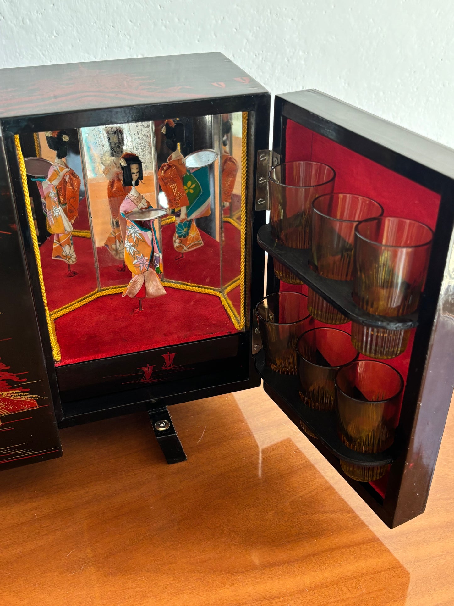 Japanese Bar Cabinet with Music Box and Rotating Geisha