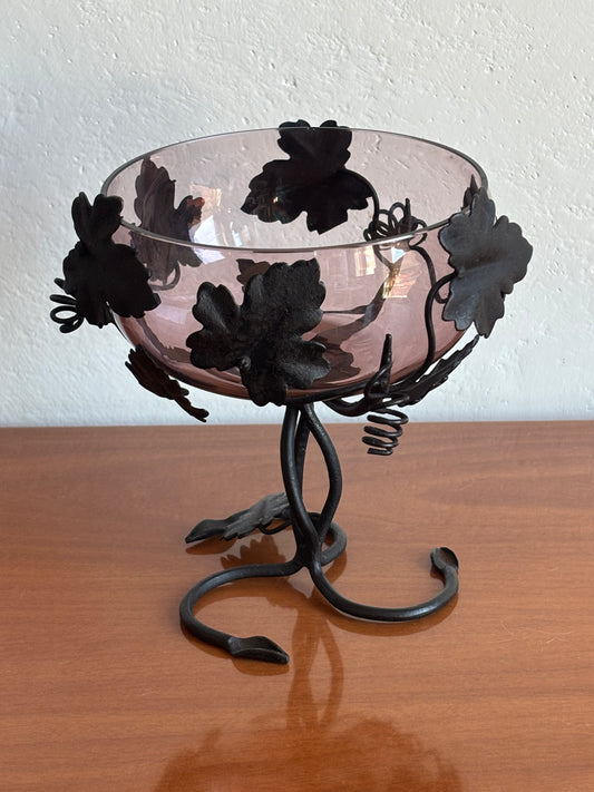 Vaso vintage in stile Liberty in Vetro Soffiato e Ferro Battuto