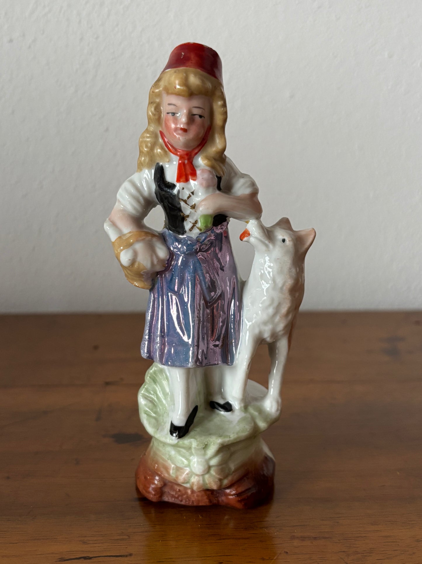Ceramic Figurine – Little Red Riding Hood with the Wolf, Vintage Style
