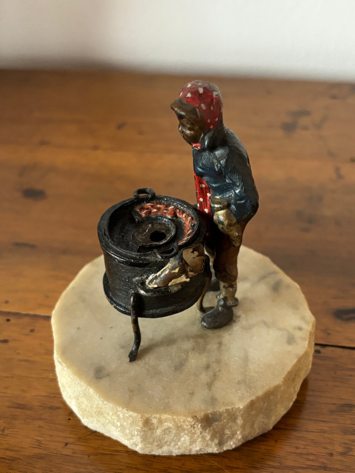 Metal Figurine of a Chestnut Seller on Marble Base – Probable Viennese Attribution, Early 20th Century