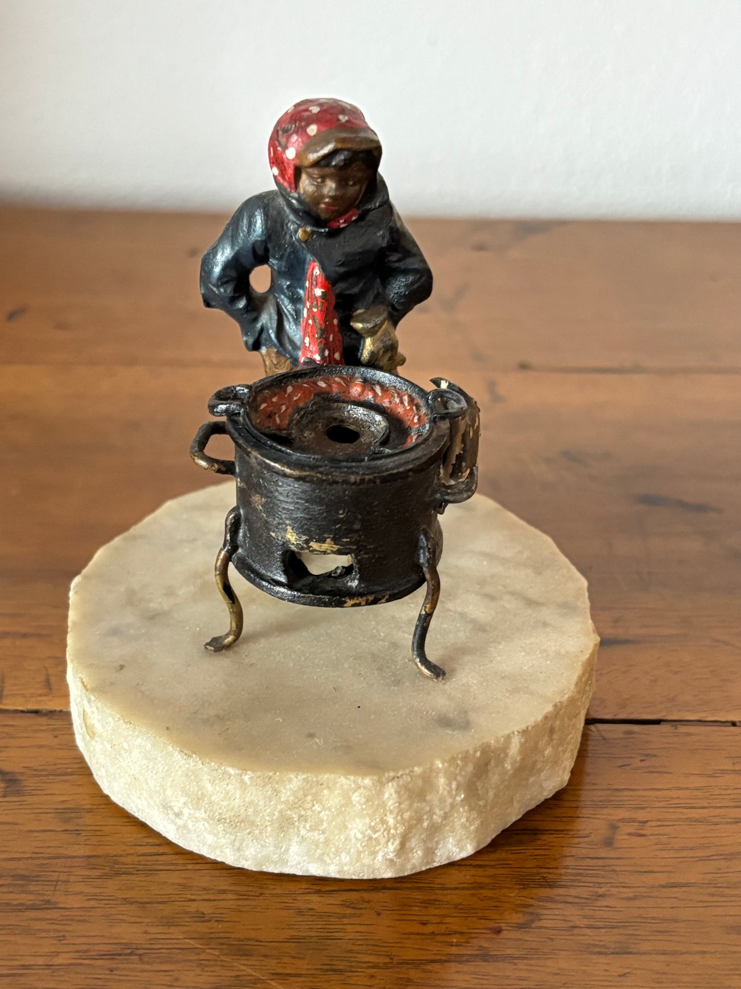 Metal Figurine of a Chestnut Seller on Marble Base – Probable Viennese Attribution, Early 20th Century