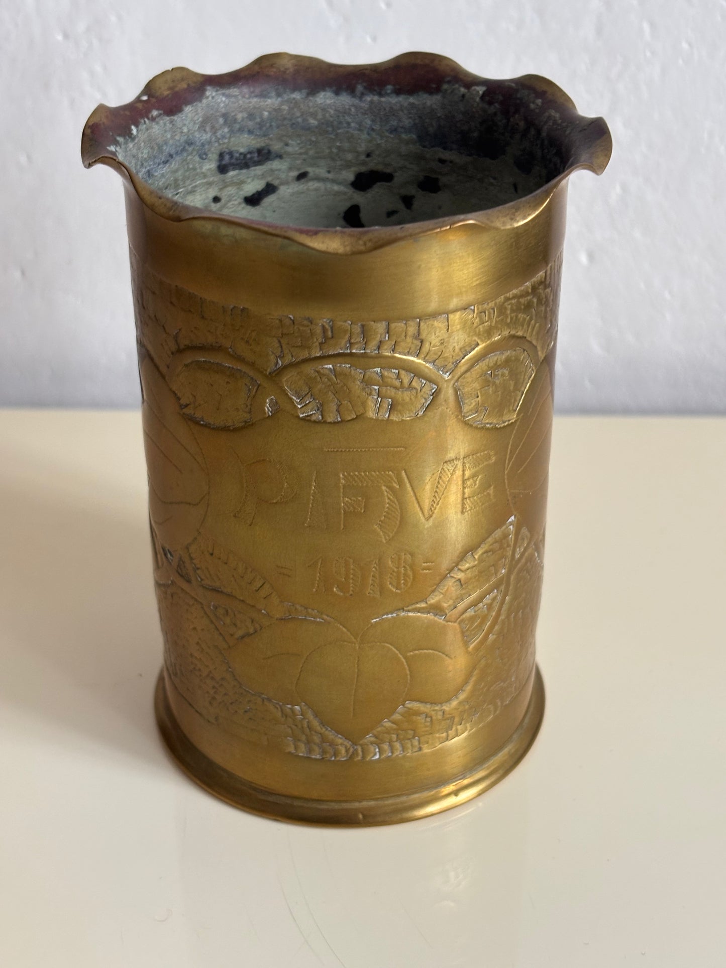 German Shell Case (1915) Converted into a Vase with “Piave 1918” Engraving – Authentic World War I Trench Art