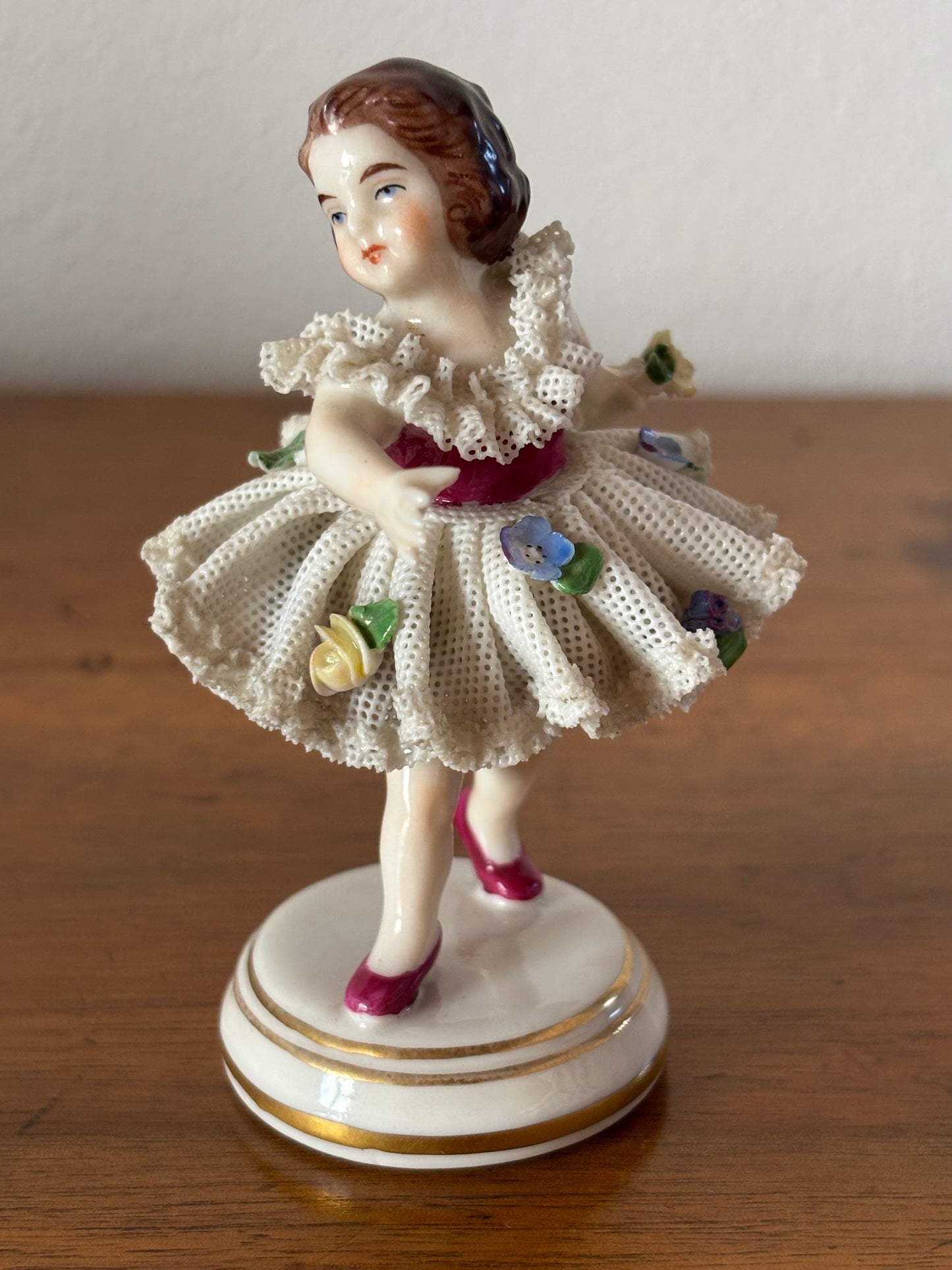 Figurine with Crowned N Mark – Girl in Tulle with Lace and Floral Details