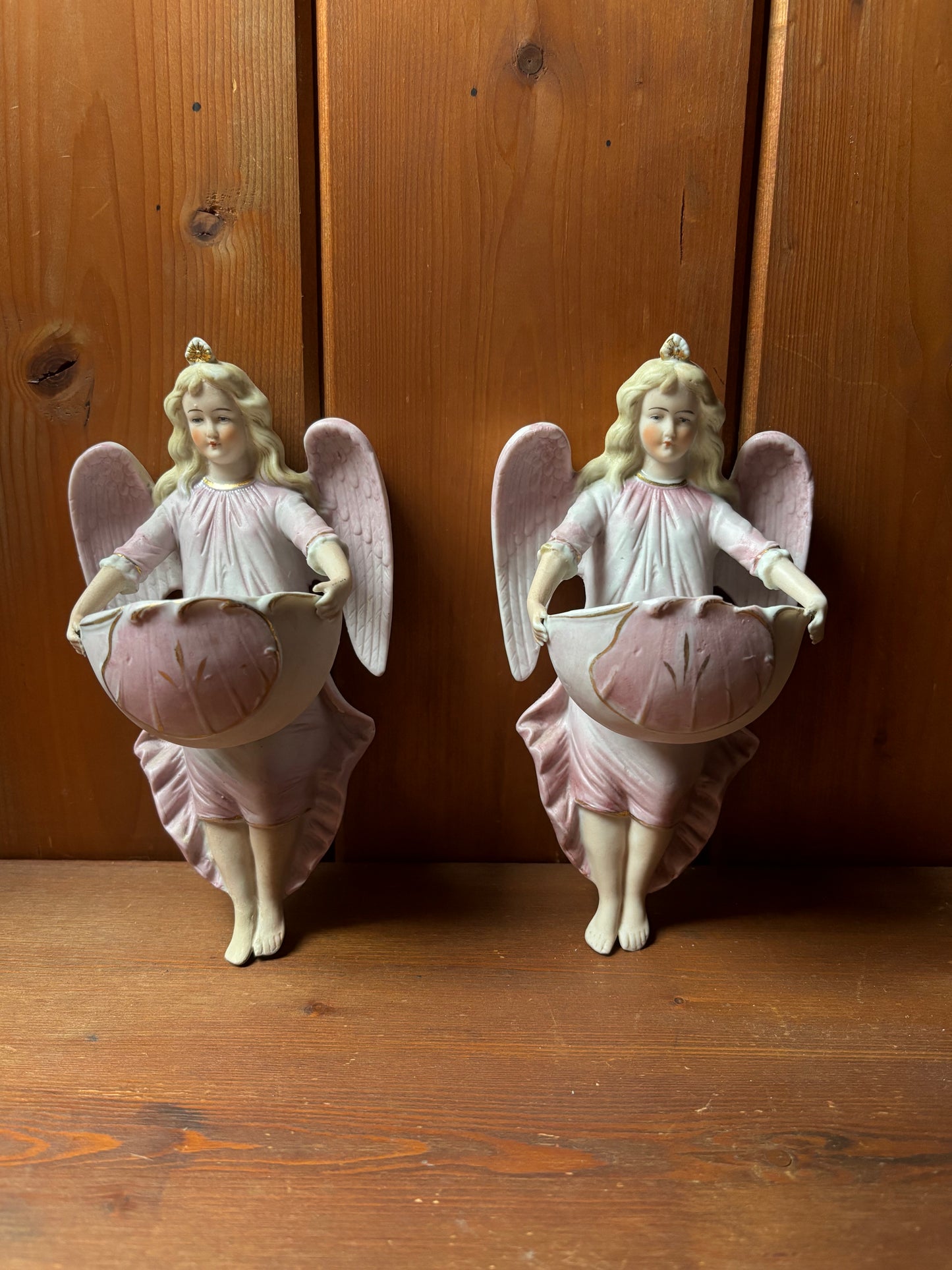 Pair of Biscuit Ceramic Holy Water Fonts with Angels – Early 20th Century
