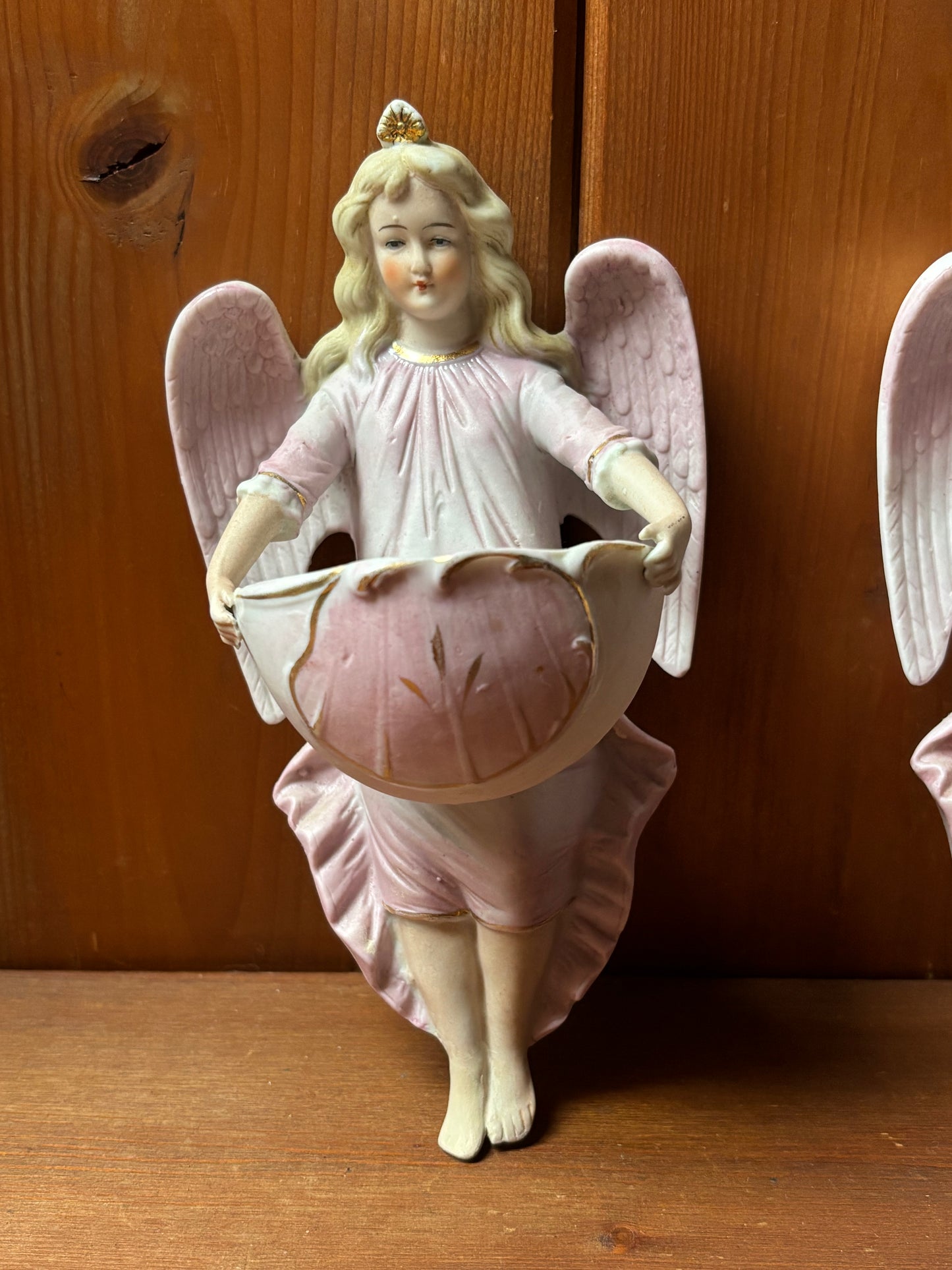 Pair of Biscuit Ceramic Holy Water Fonts with Angels – Early 20th Century