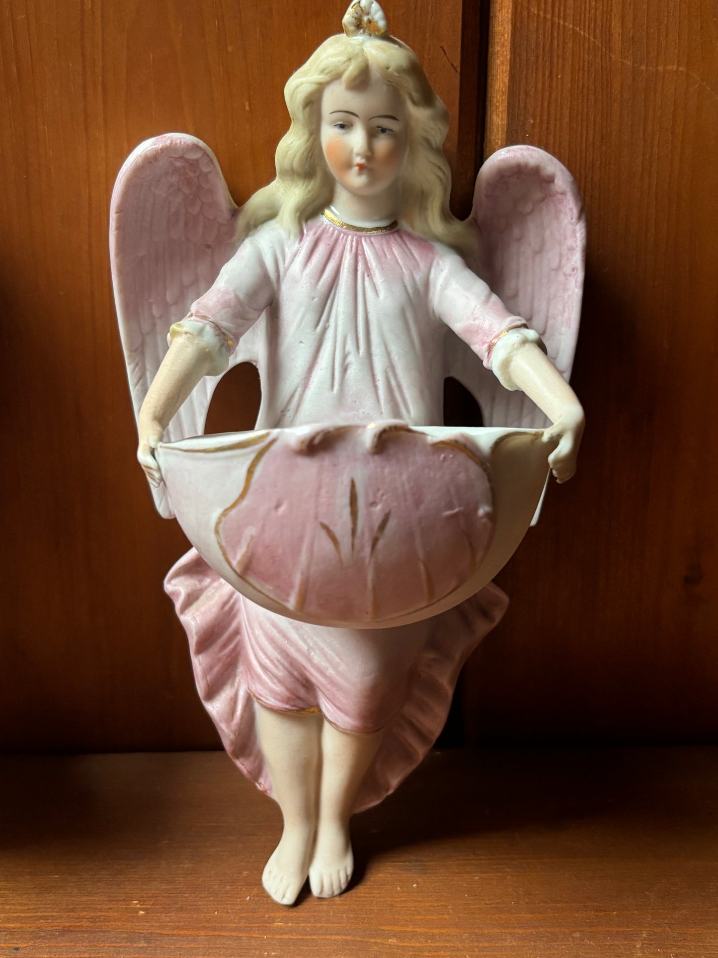 Pair of Biscuit Ceramic Holy Water Fonts with Angels – Early 20th Century