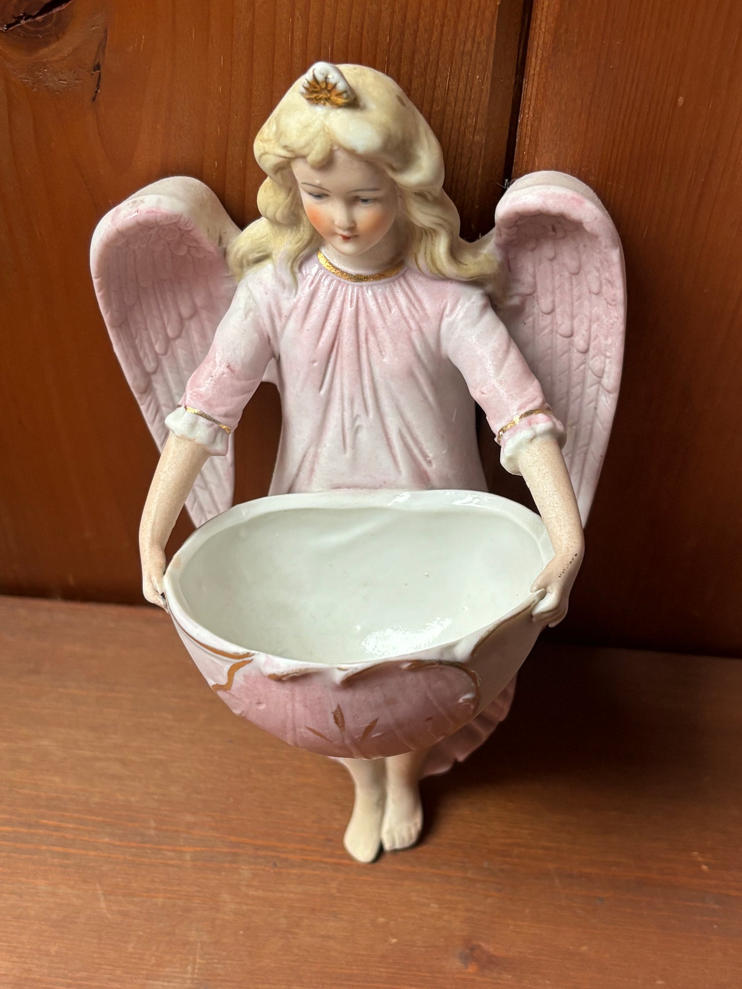 Pair of Biscuit Ceramic Holy Water Fonts with Angels – Early 20th Century