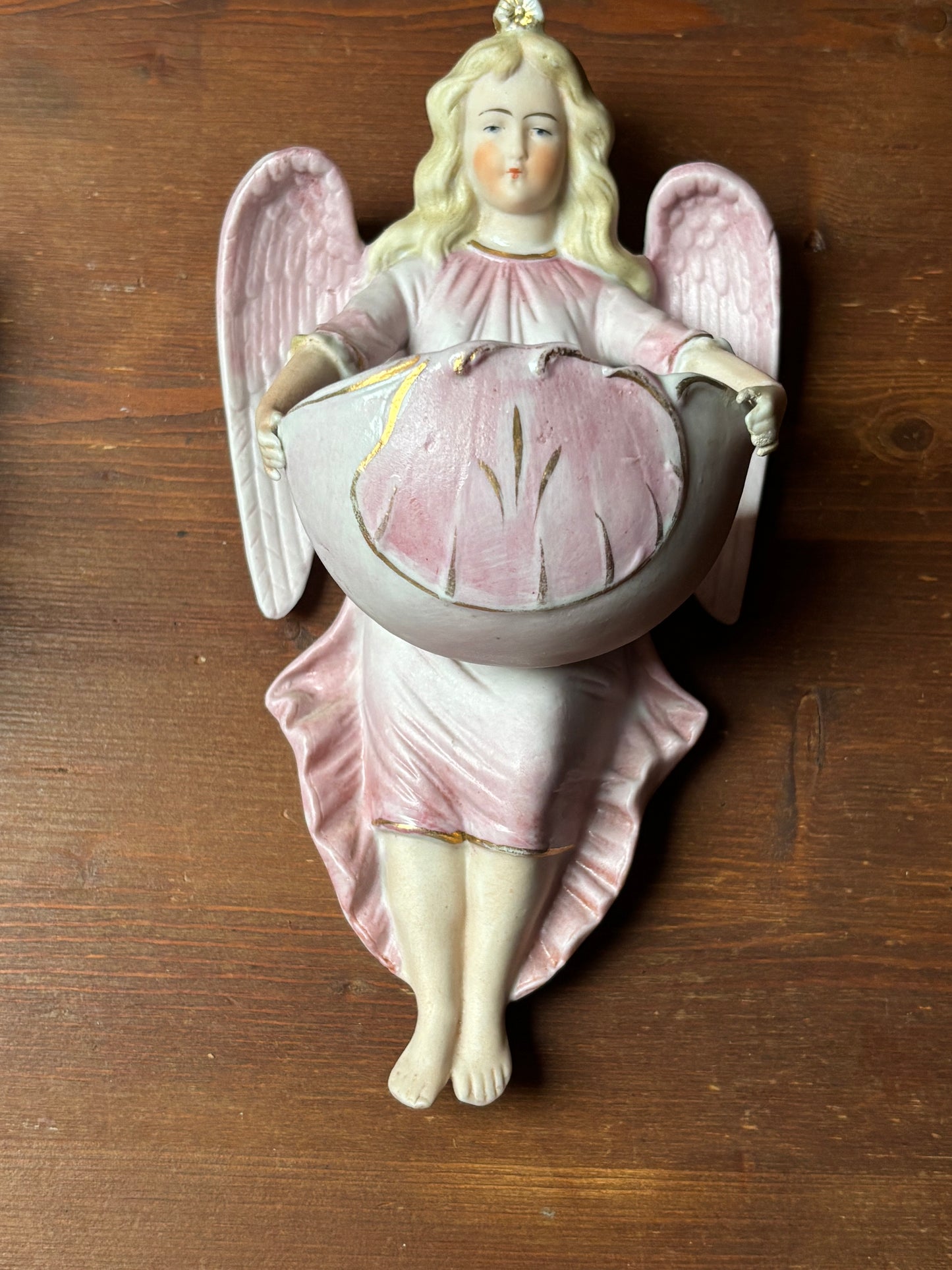 Pair of Biscuit Ceramic Holy Water Fonts with Angels – Early 20th Century