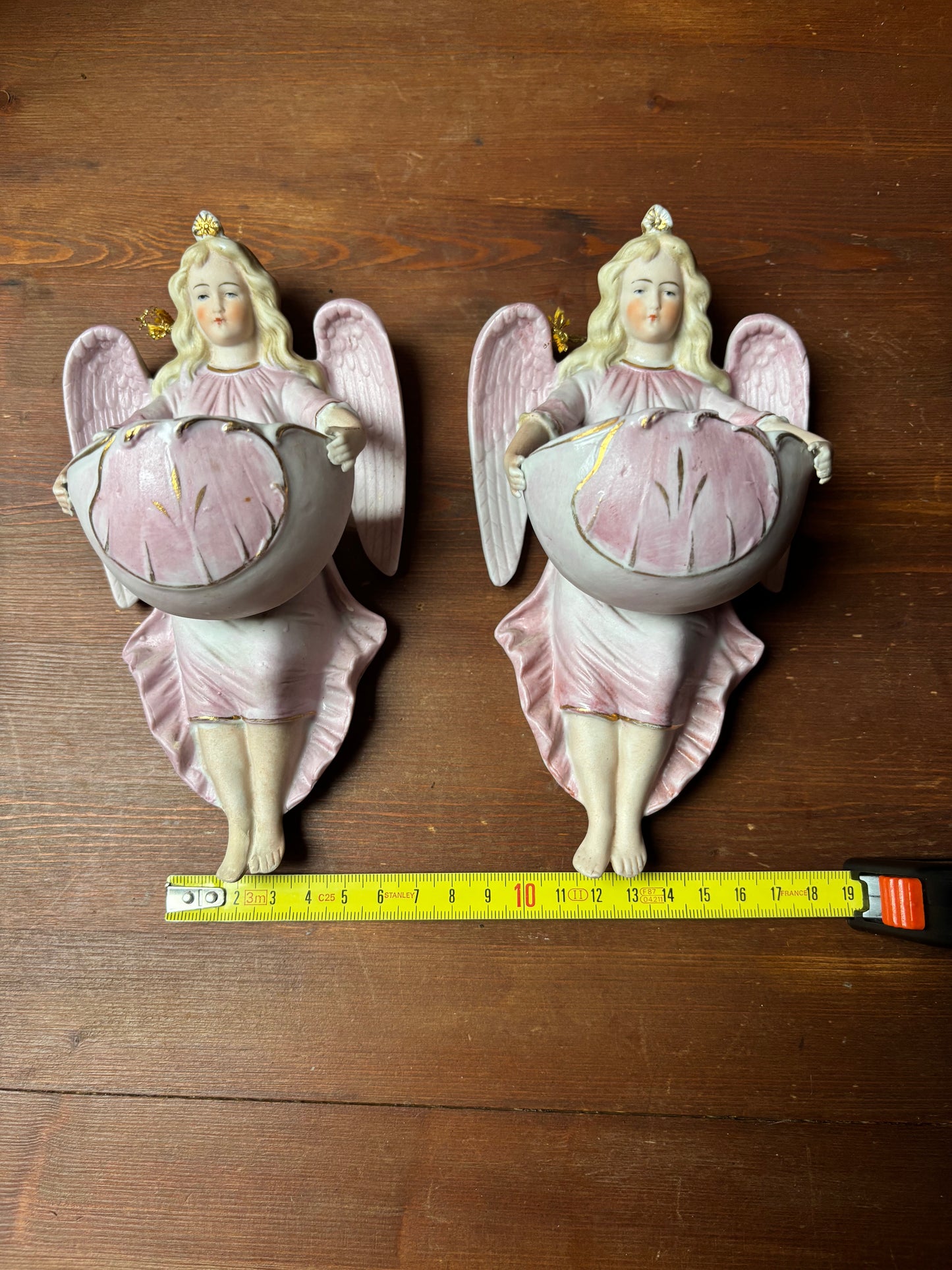 Pair of Biscuit Ceramic Holy Water Fonts with Angels – Early 20th Century