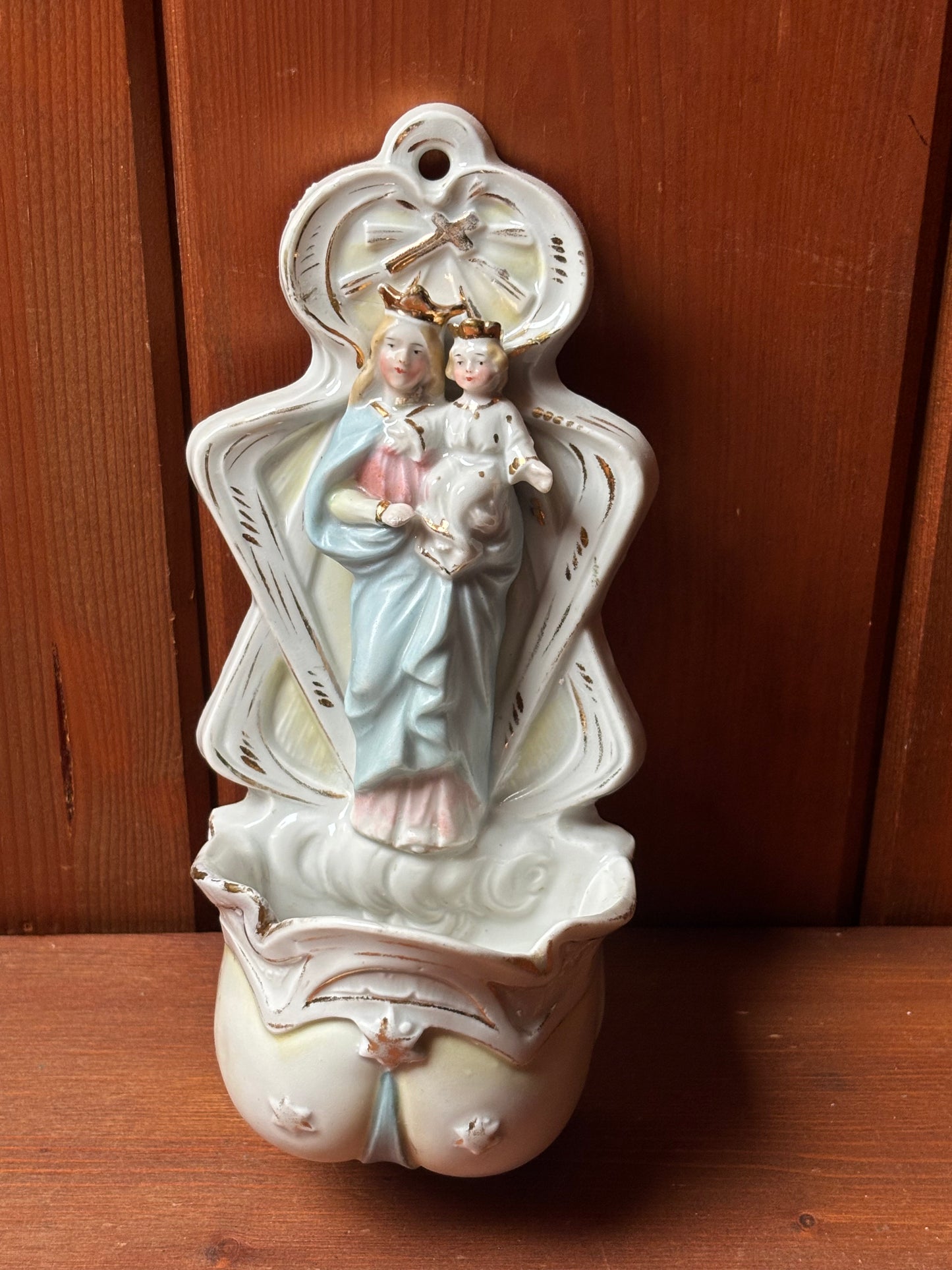 Polychrome Ceramic Holy Water Font with Madonna and Child – 20th Century