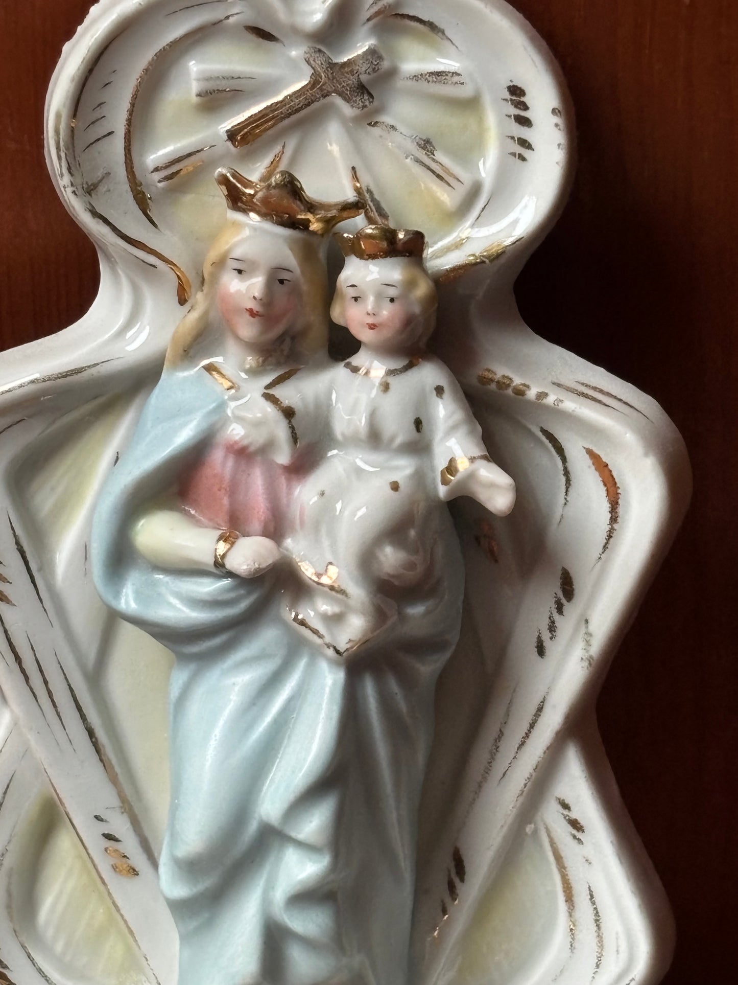 Polychrome Ceramic Holy Water Font with Madonna and Child – 20th Century