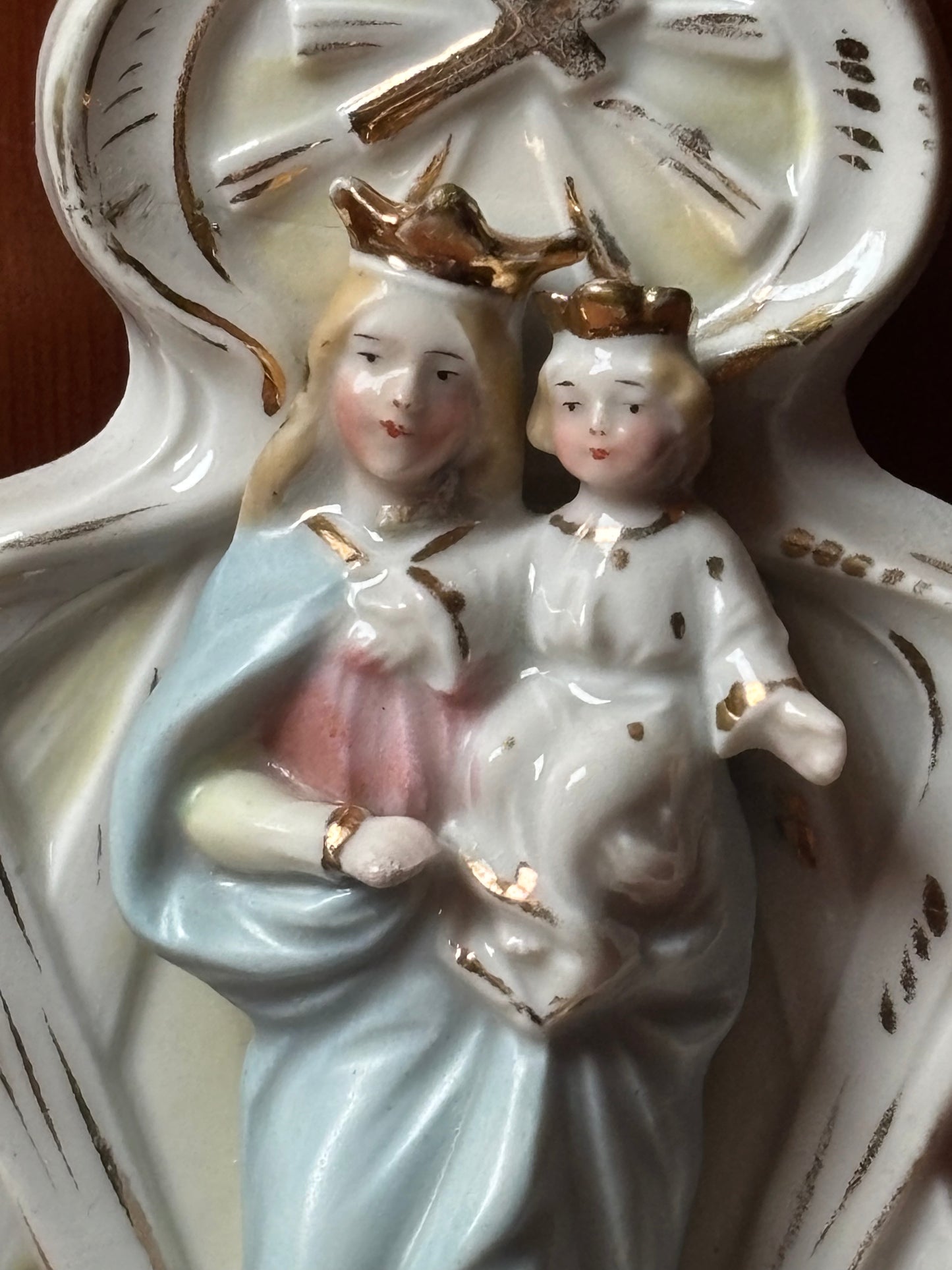 Polychrome Ceramic Holy Water Font with Madonna and Child – 20th Century