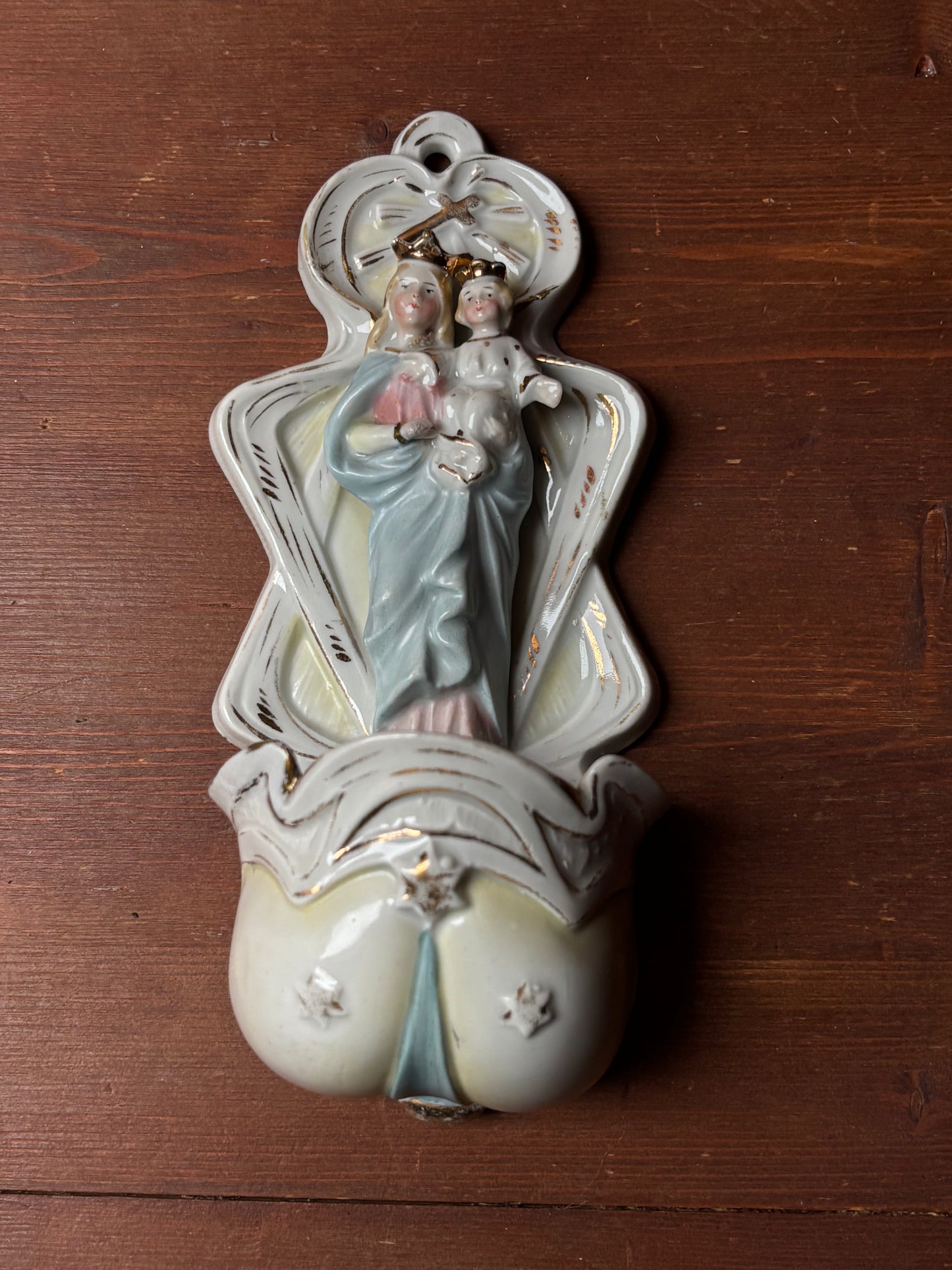 Polychrome Ceramic Holy Water Font with Madonna and Child – 20th Century