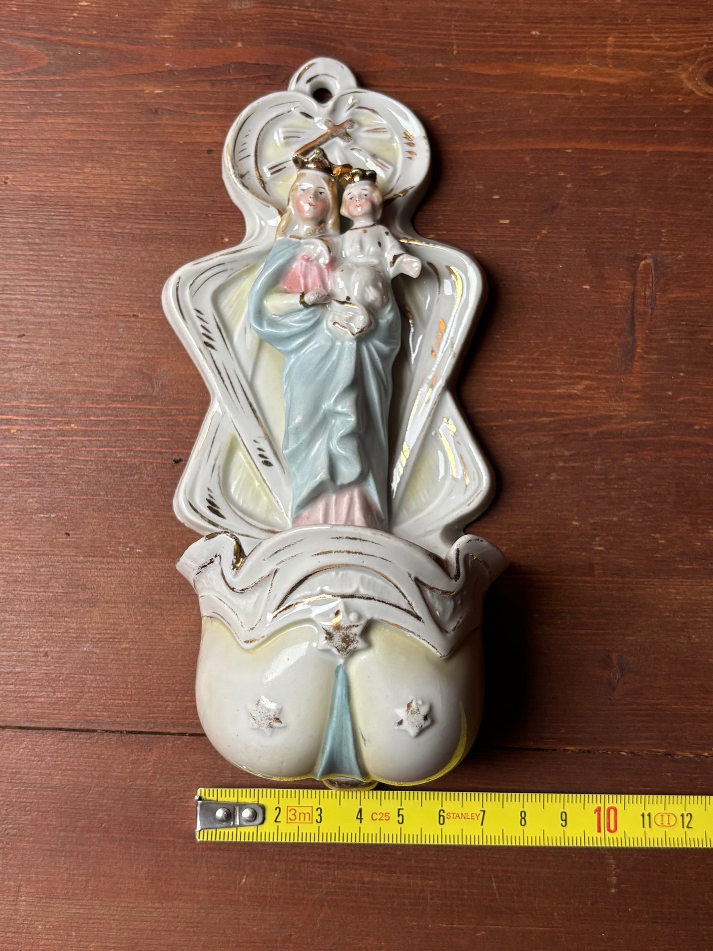 Polychrome Ceramic Holy Water Font with Madonna and Child – 20th Century