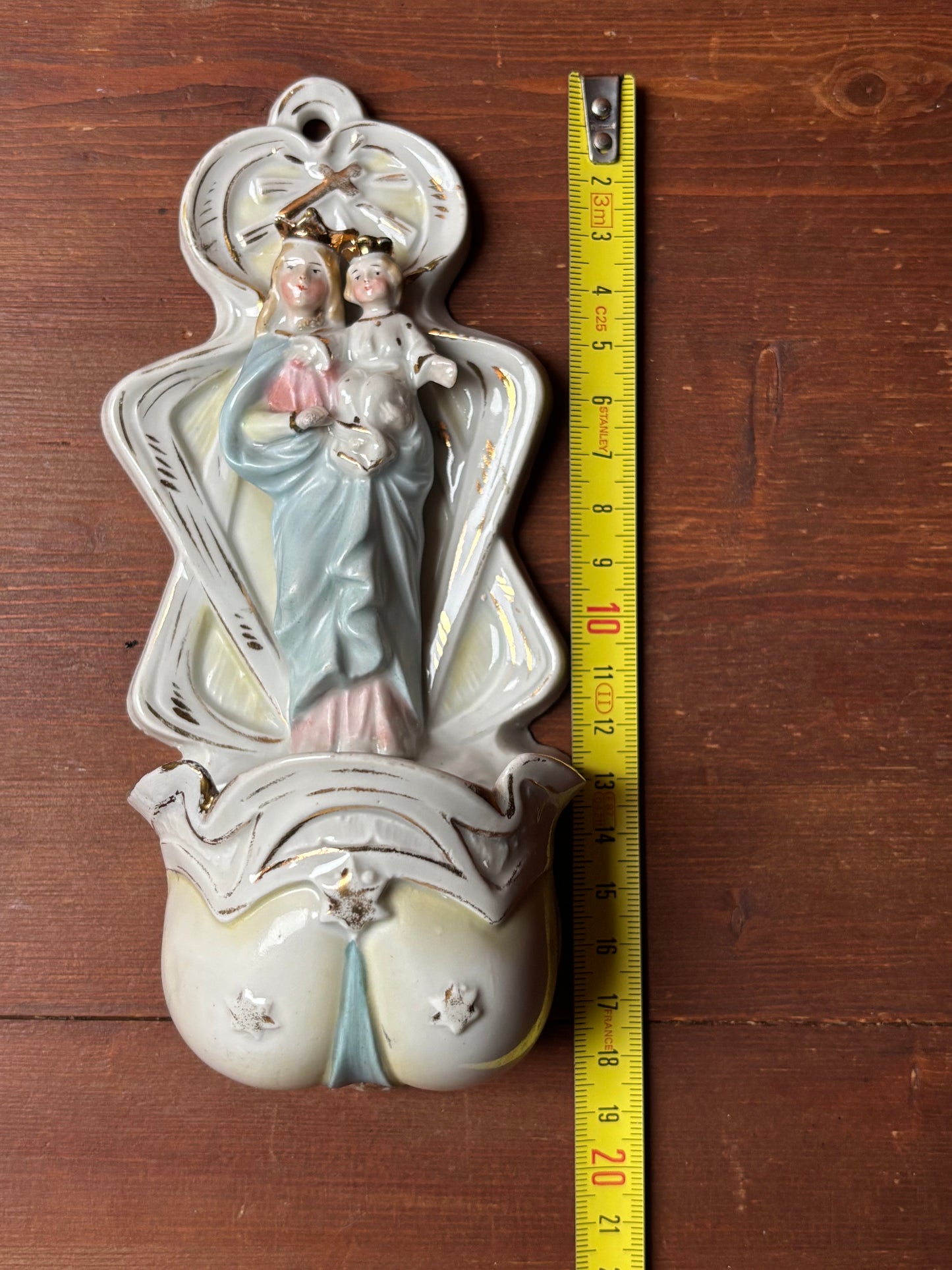 Polychrome Ceramic Holy Water Font with Madonna and Child – 20th Century