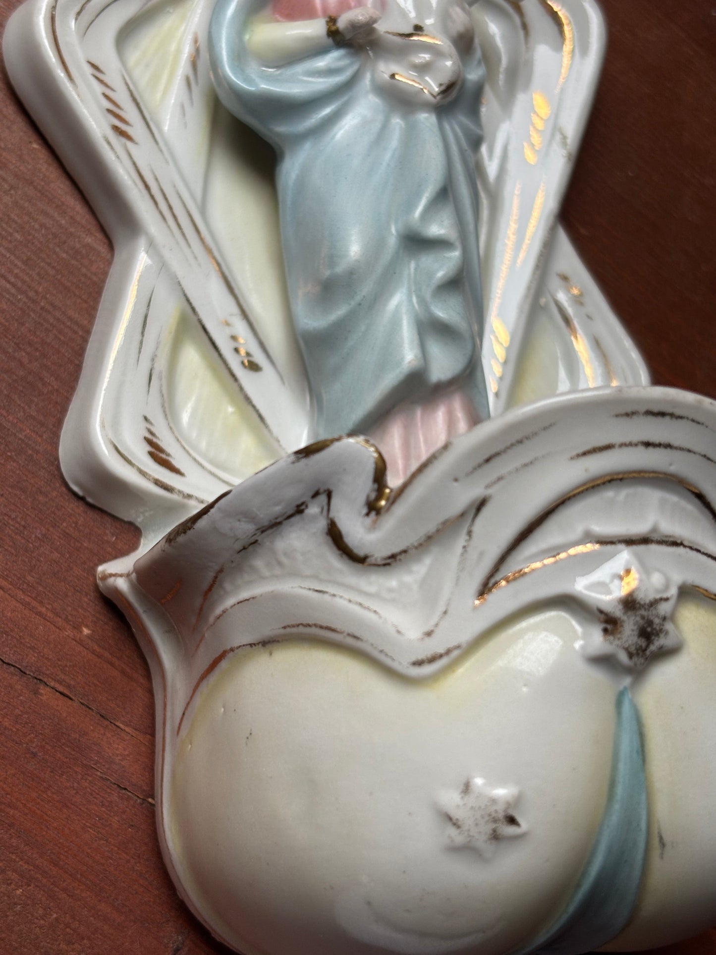 Polychrome Ceramic Holy Water Font with Madonna and Child – 20th Century