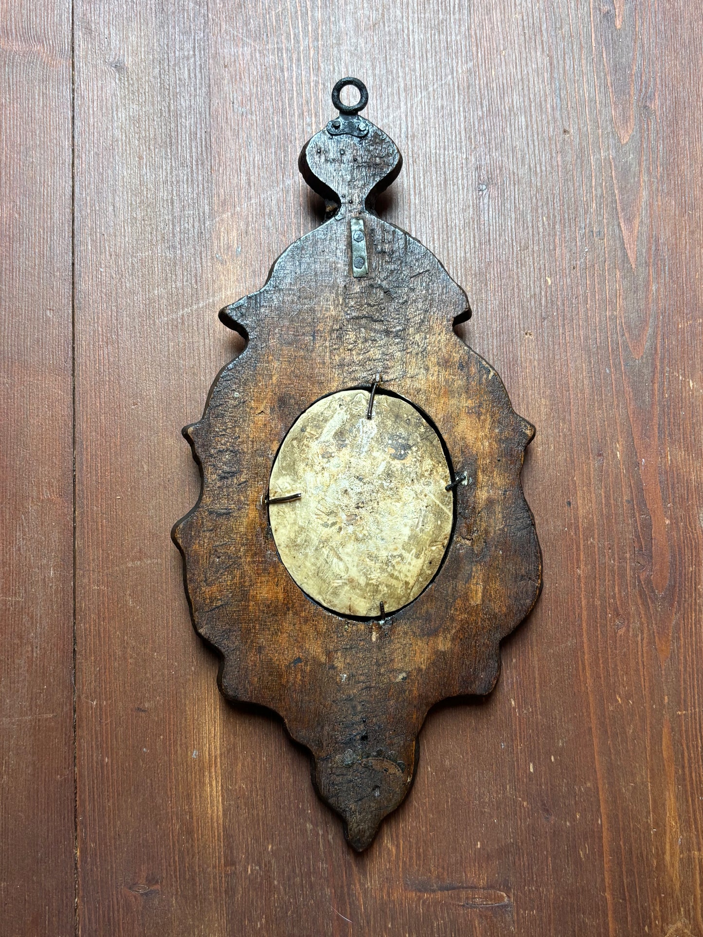 Wall Holy Water Font in Wood and Stucco with Insert Likely in Meerschaum Depicting Christ – Mid-19th Century (circa 1850–1870)