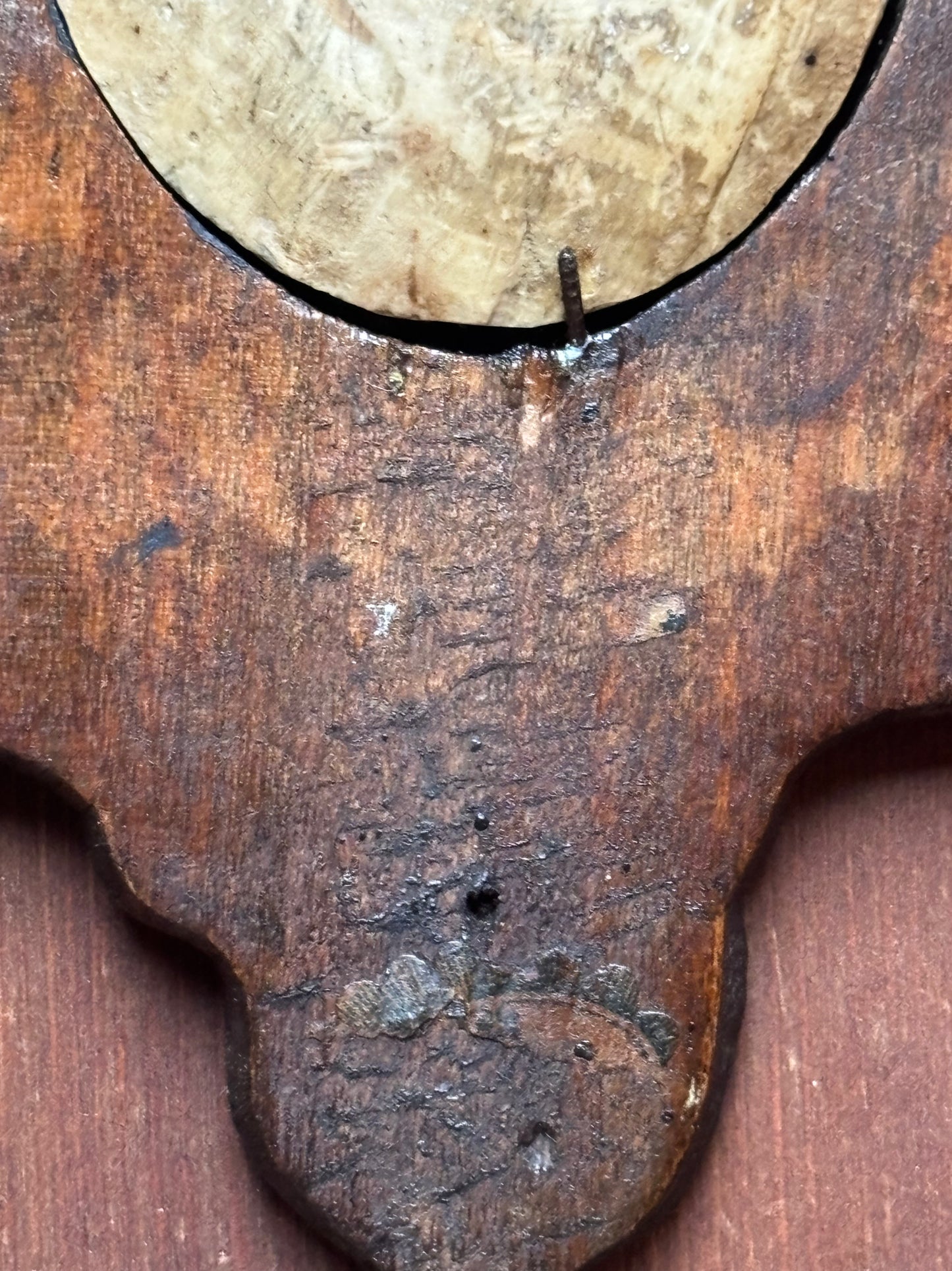 Wall Holy Water Font in Wood and Stucco with Insert Likely in Meerschaum Depicting Christ – Mid-19th Century (circa 1850–1870)