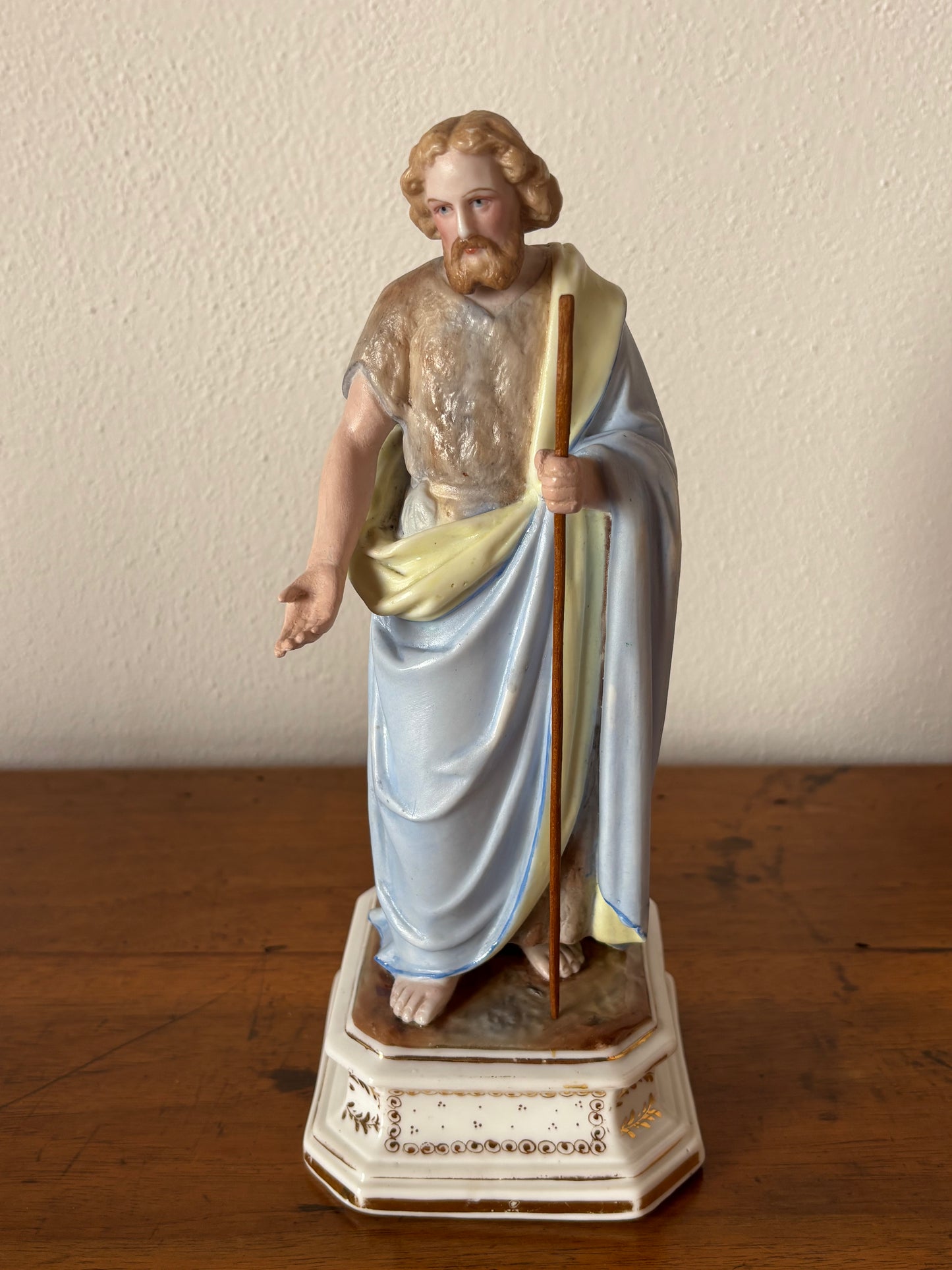St. Joseph Ceramic Statue – Restored Sacred Figure with Wooden Staff
