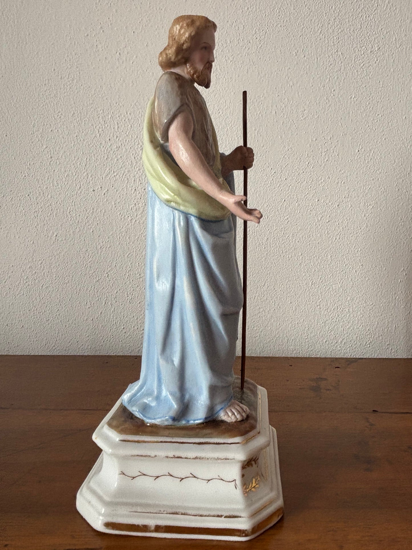 St. Joseph Ceramic Statue – Restored Sacred Figure with Wooden Staff