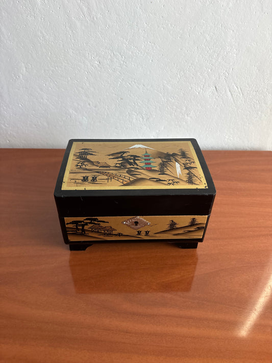 Portagioie giapponese vintage laccato nero e oro con carillon e ballerina rotante