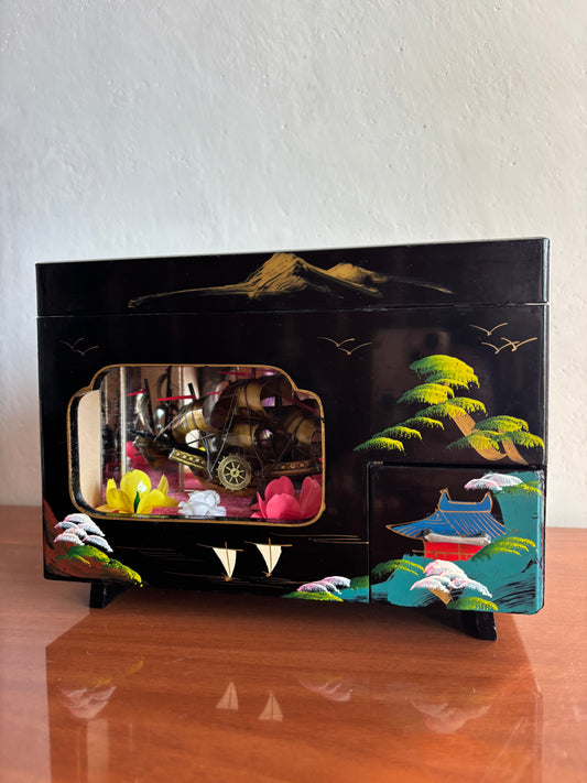 Vintage Japanese Jewelry Box with Working Music Box, Moving Ship and Illuminated Floral Decoration in Lacquer