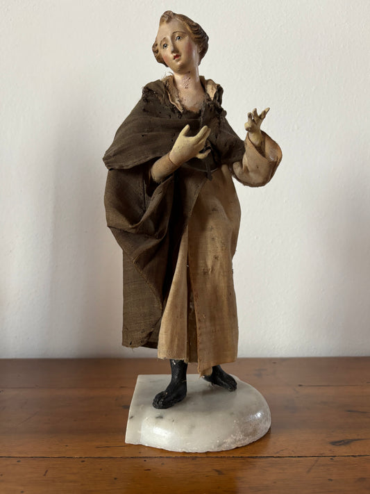 Santo in Terracotta, Paglia e Occhi di Vetro su Base in Marmo