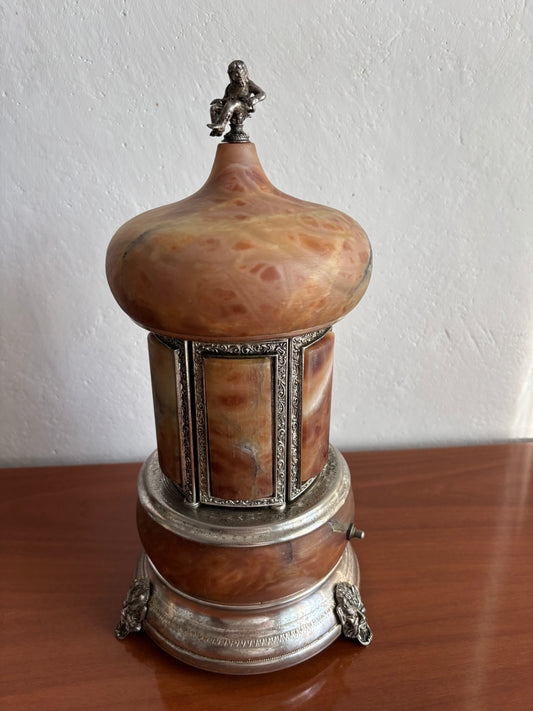 Portasigarette vintage in onice con carillon funzionante e finiture metalliche decorate