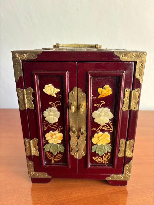 Portagioie Cinese Vintage in Legno con Applicazioni Floreali