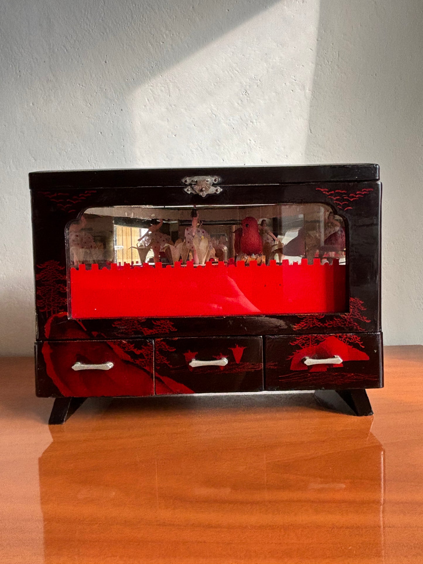 Vintage Japanese Jewelry Box with Music Box, Rotating Ballerina, Animated Bird and Working Lights