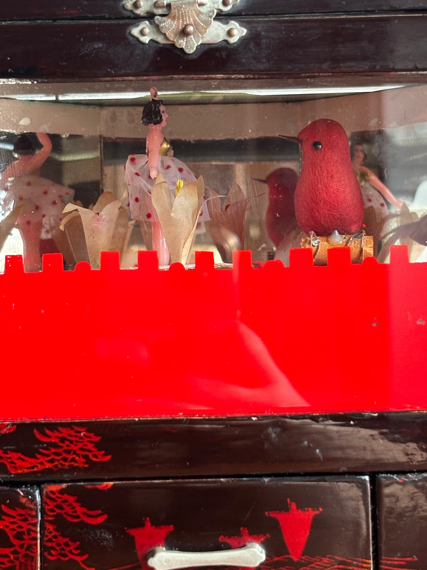 Vintage Japanese Jewelry Box with Music Box, Rotating Ballerina, Animated Bird and Working Lights
