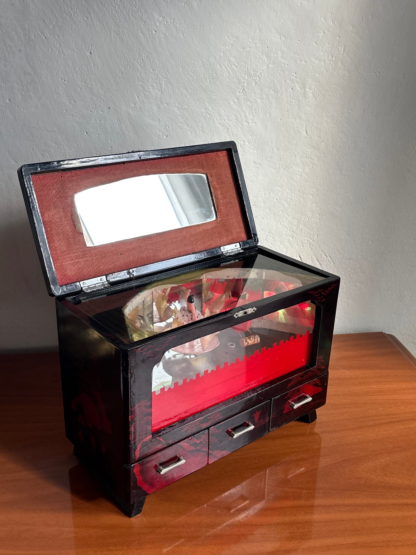 Vintage Japanese Jewelry Box with Music Box, Rotating Ballerina, Animated Bird and Working Lights