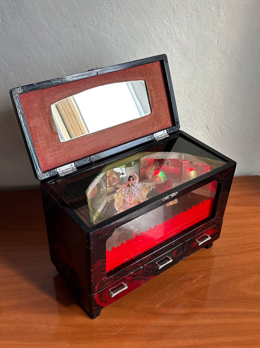 Vintage Japanische Schmuckschatulle mit Spieluhr, Drehender Ballerina, Beweglichem Vogel und Funktionierender Beleuchtung