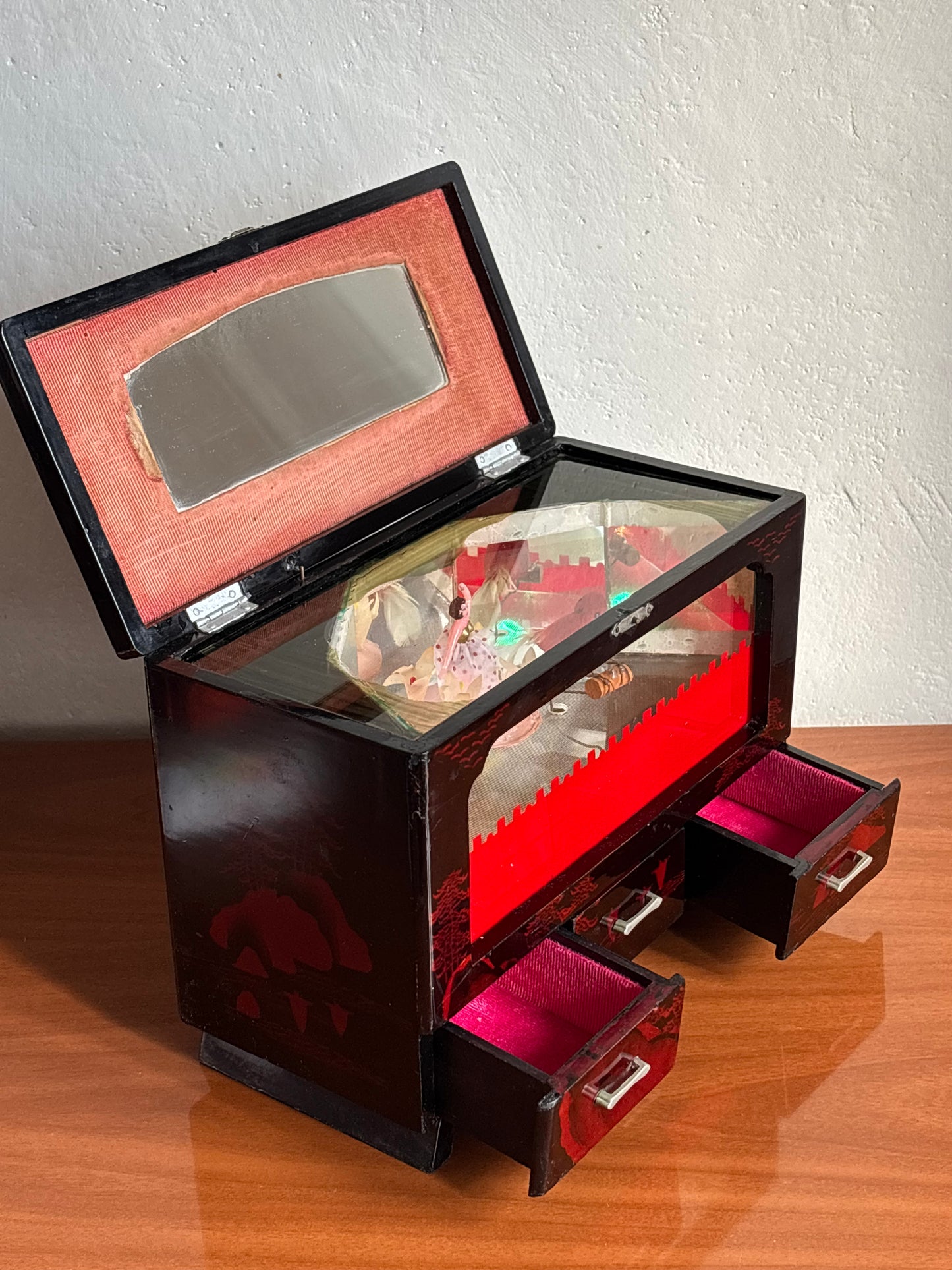 Vintage Japanese Jewelry Box with Music Box, Rotating Ballerina, Animated Bird and Working Lights