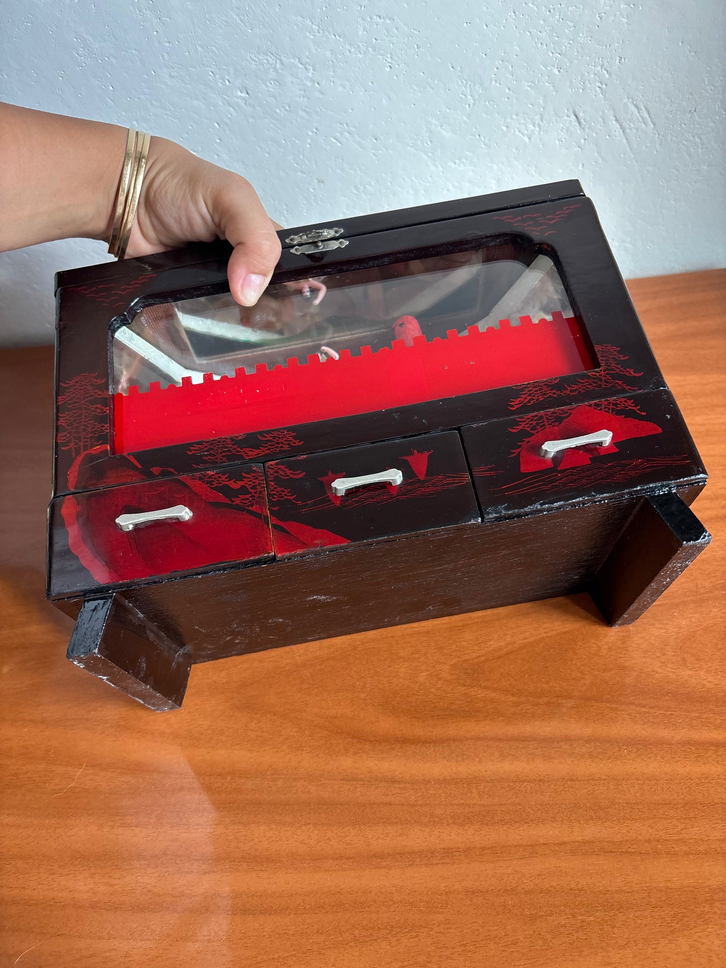 Vintage Japanese Jewelry Box with Music Box, Rotating Ballerina, Animated Bird and Working Lights
