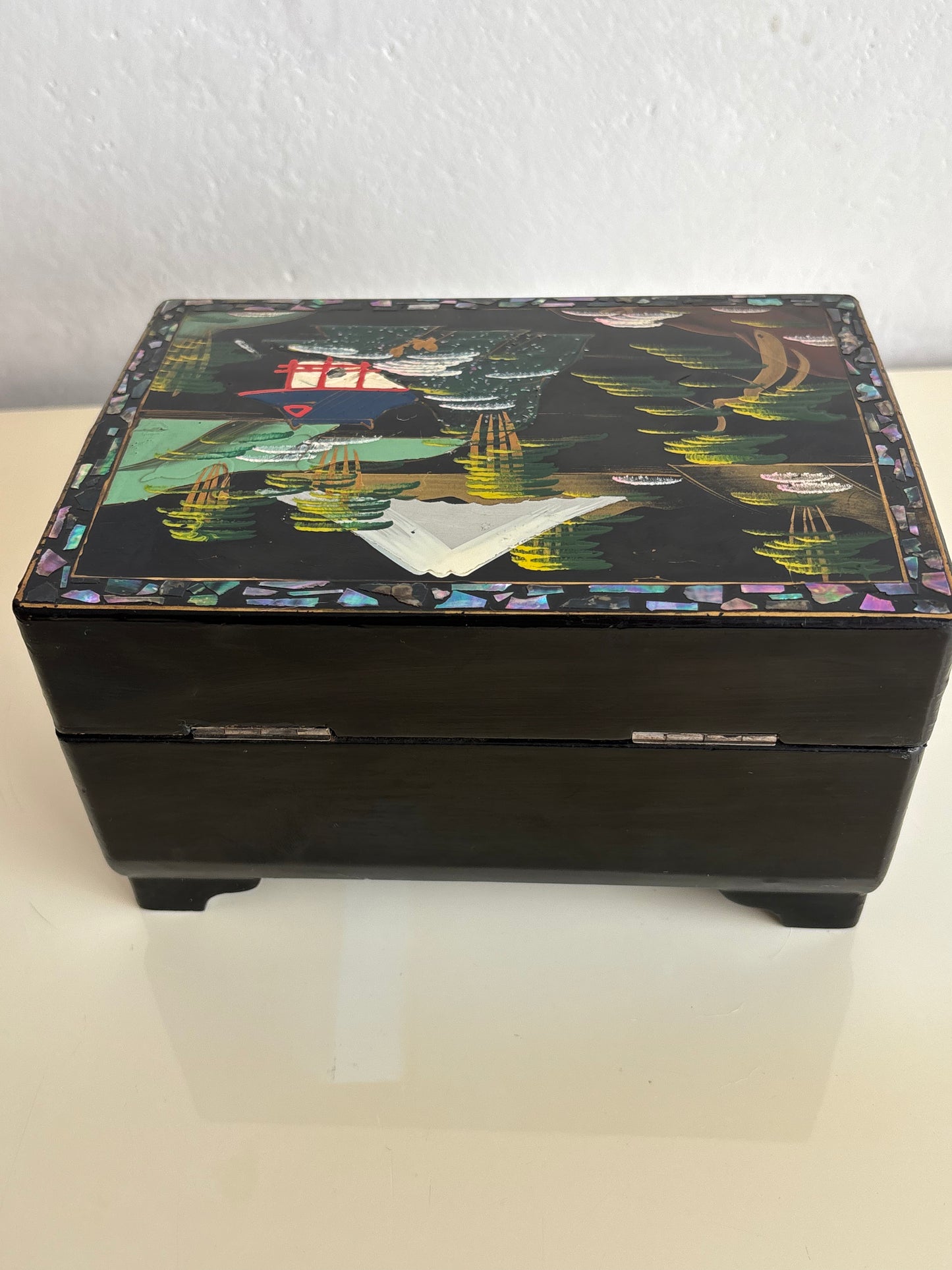Vintage Japanese Lacquered Jewelry Box with Music Box and Ballerina