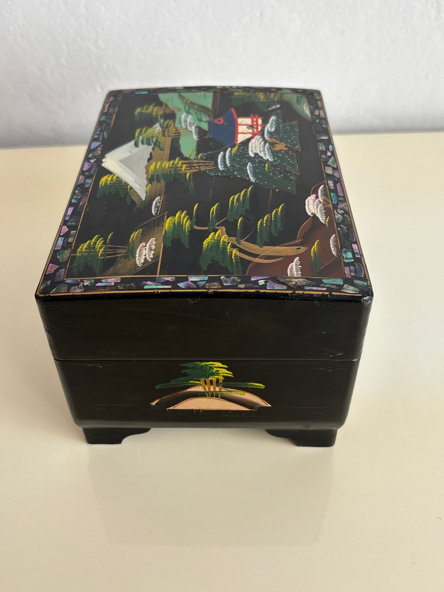 Vintage Japanese Lacquered Jewelry Box with Music Box and Ballerina