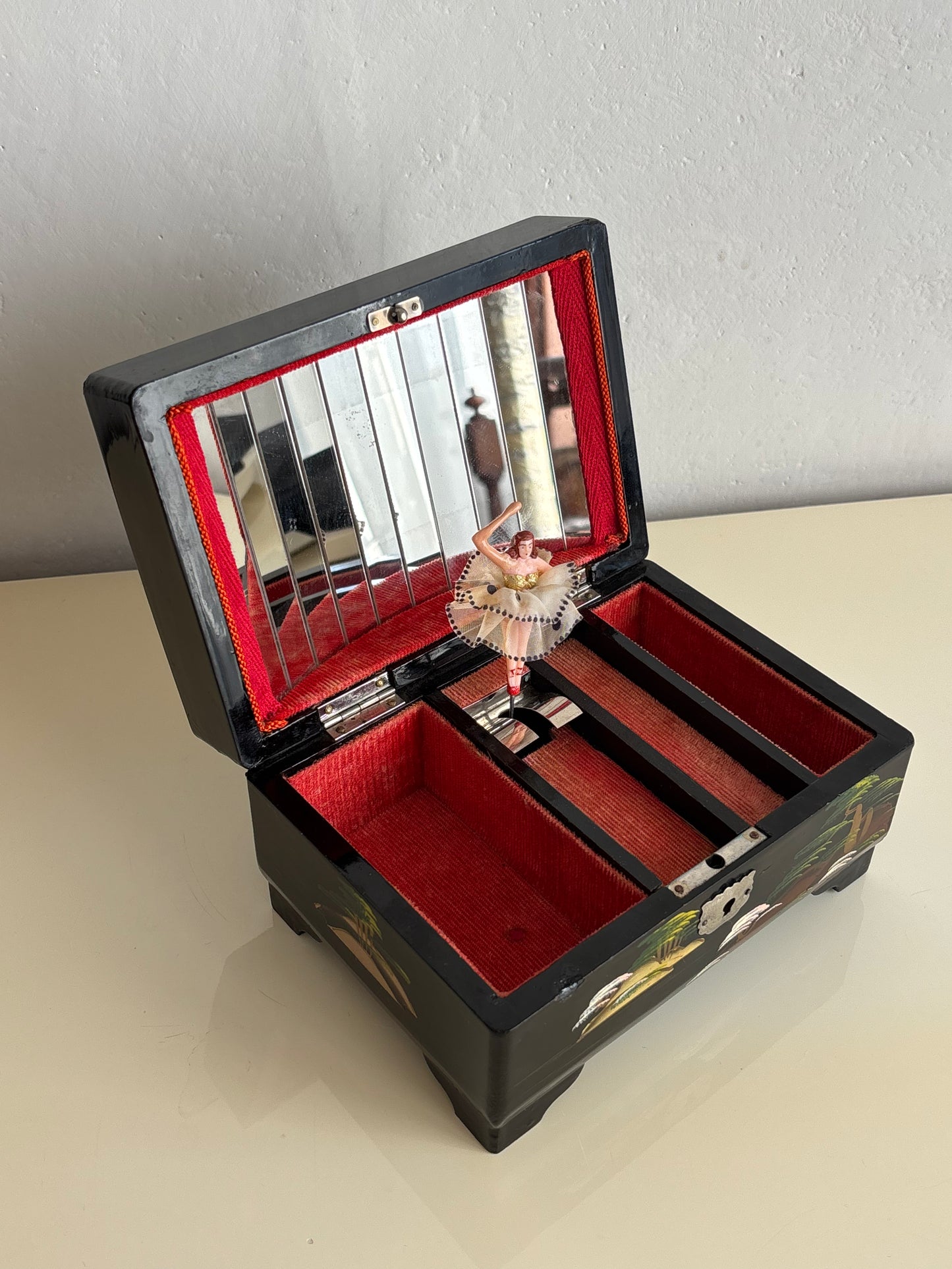 Vintage Japanese Lacquered Jewelry Box with Music Box and Ballerina