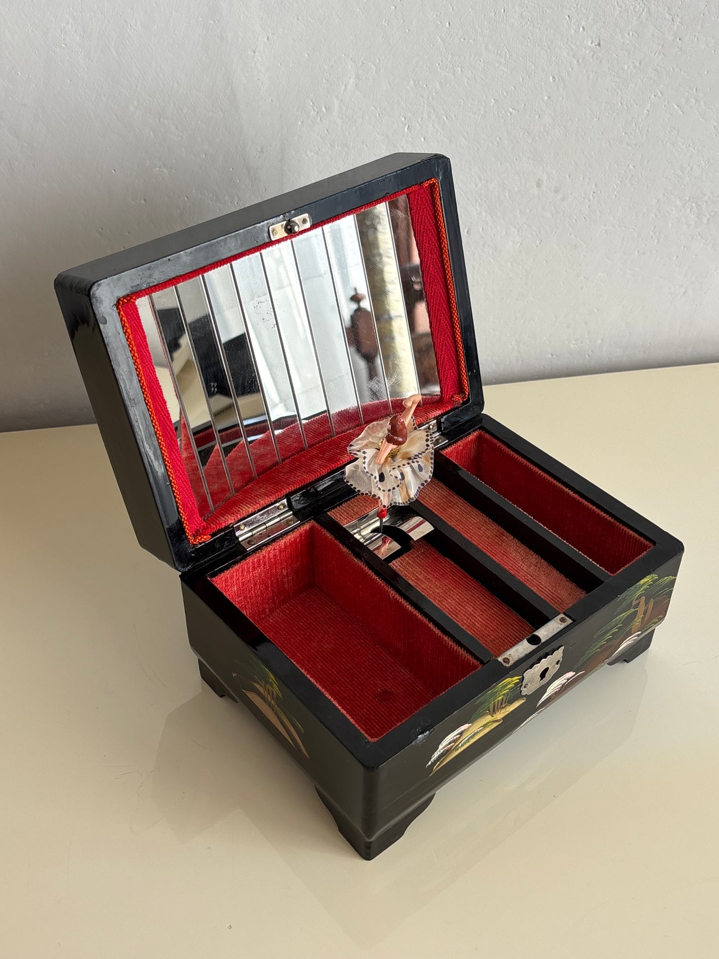 Vintage Japanese Lacquered Jewelry Box with Music Box and Ballerina