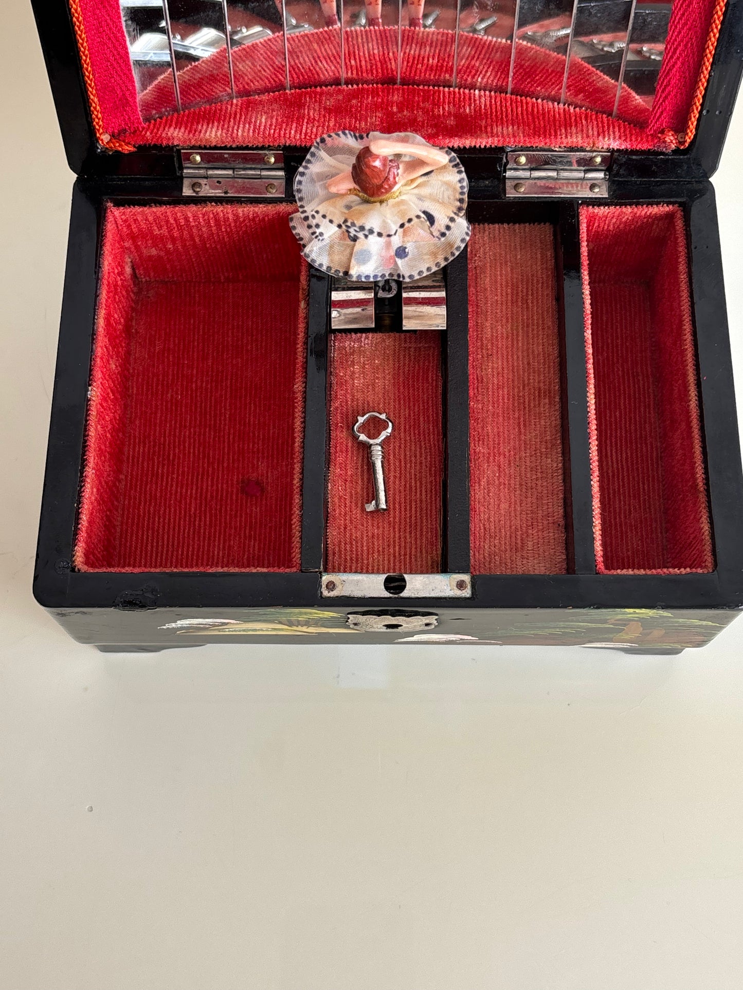 Vintage Japanese Lacquered Jewelry Box with Music Box and Ballerina