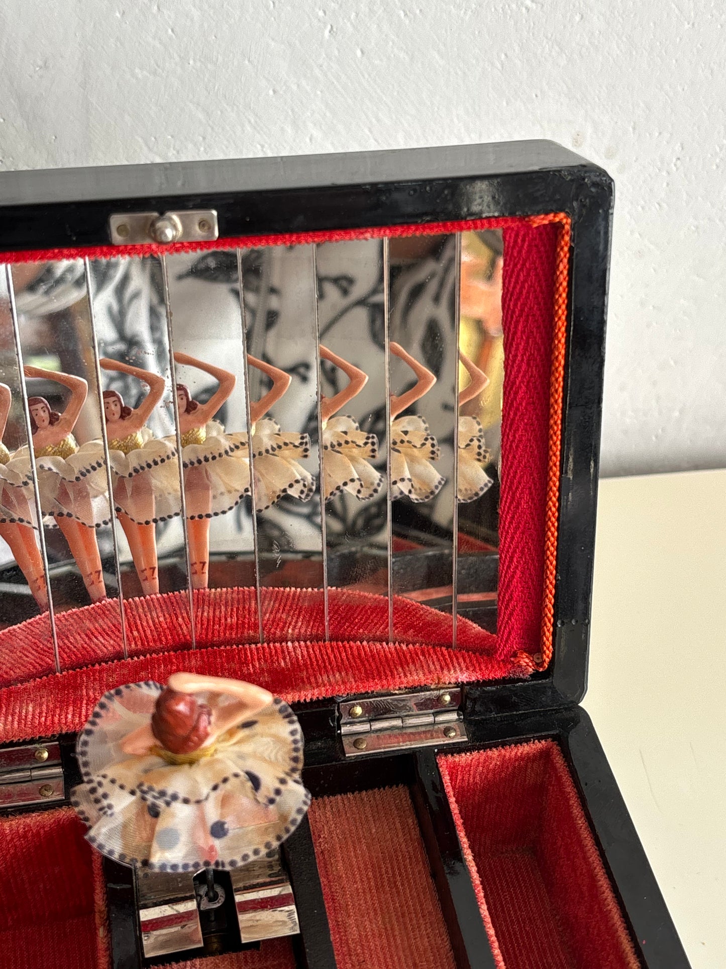 Vintage Japanese Lacquered Jewelry Box with Music Box and Ballerina