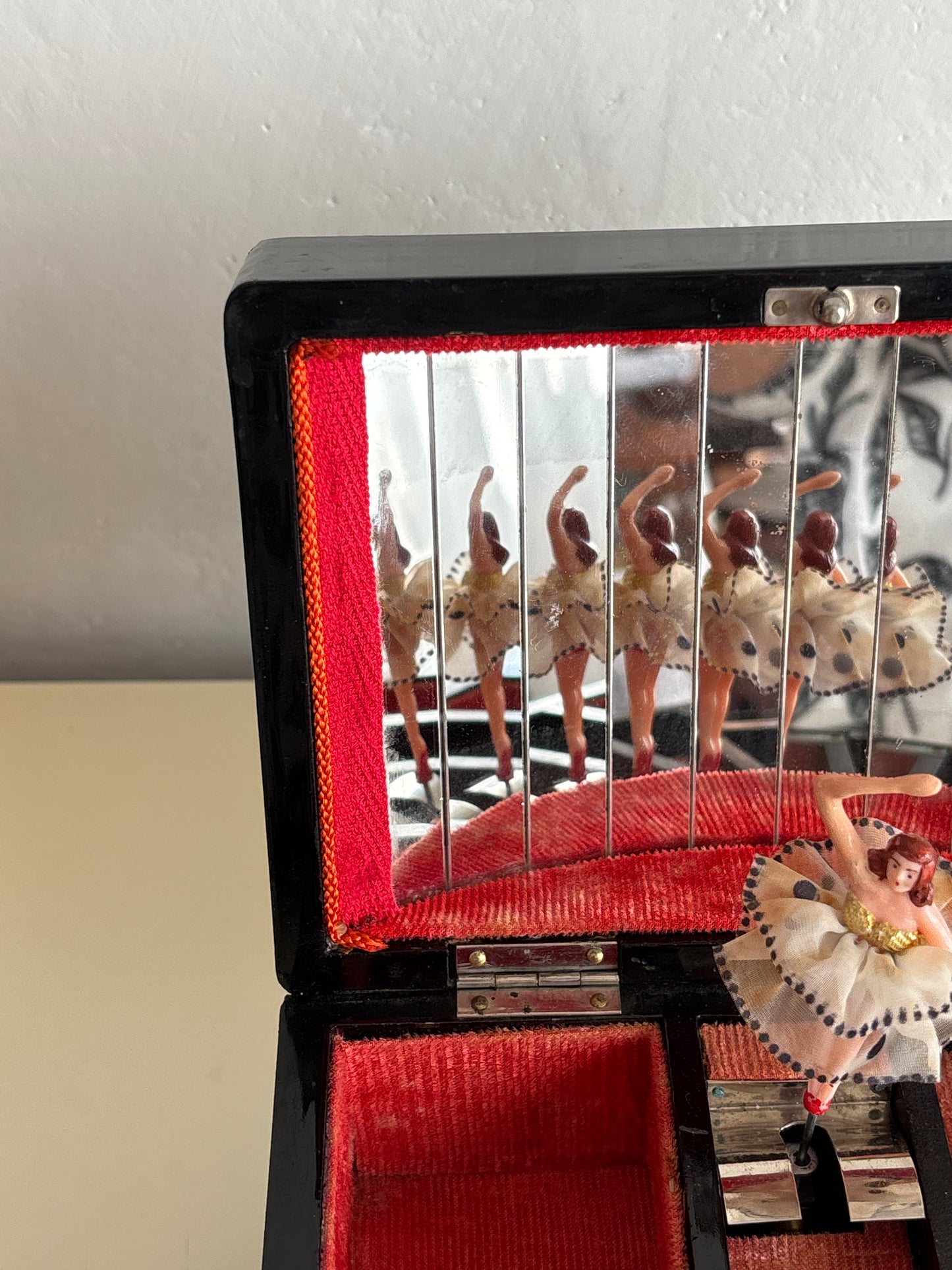 Vintage Japanese Lacquered Jewelry Box with Music Box and Ballerina
