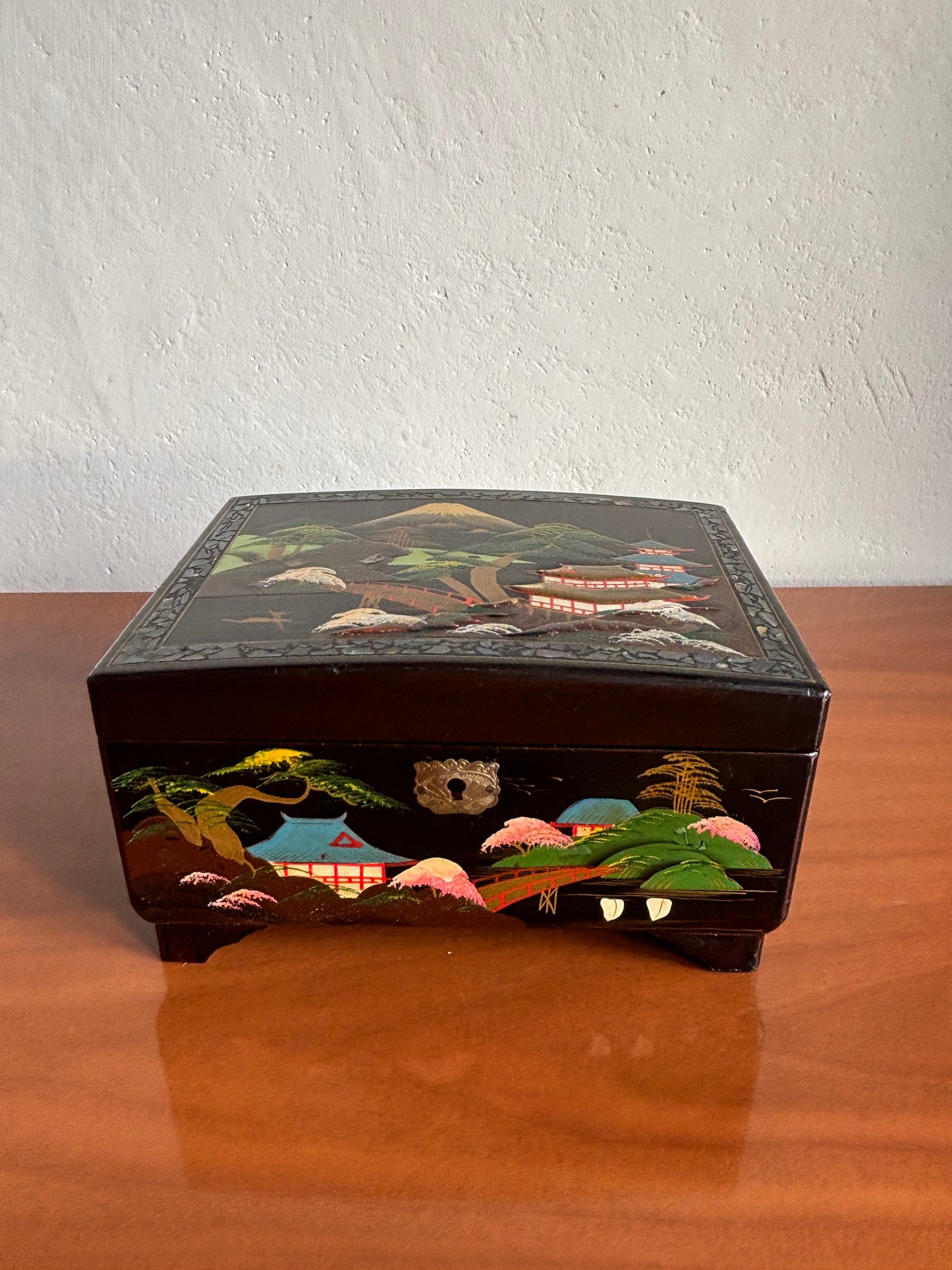 Vintage Japanese Lacquer Jewelry Box with Music Box and Lights