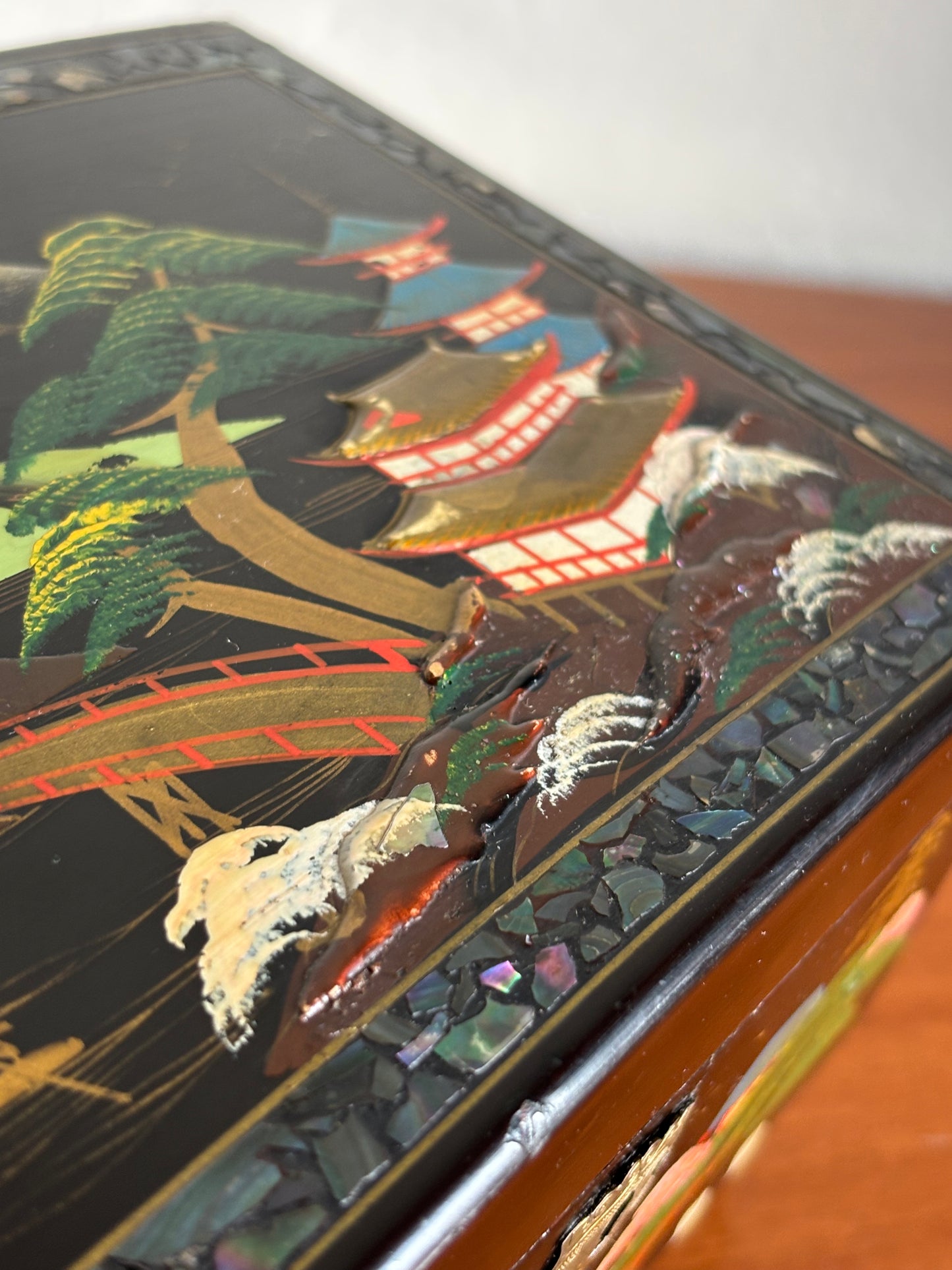 Vintage Japanese Lacquer Jewelry Box with Music Box and Lights