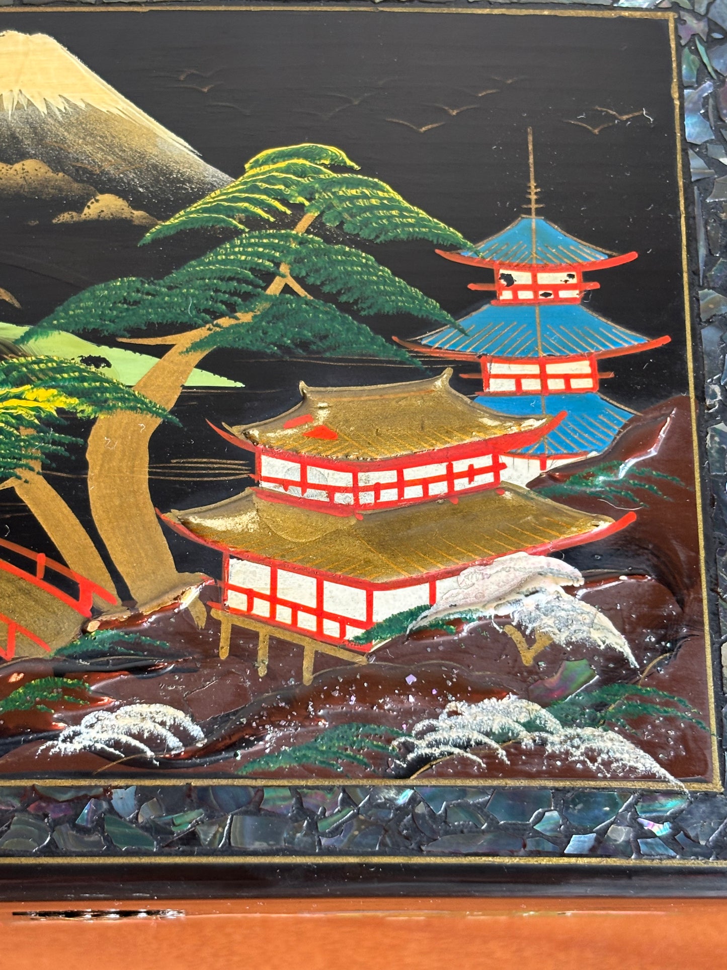 Vintage Japanese Lacquer Jewelry Box with Music Box and Lights