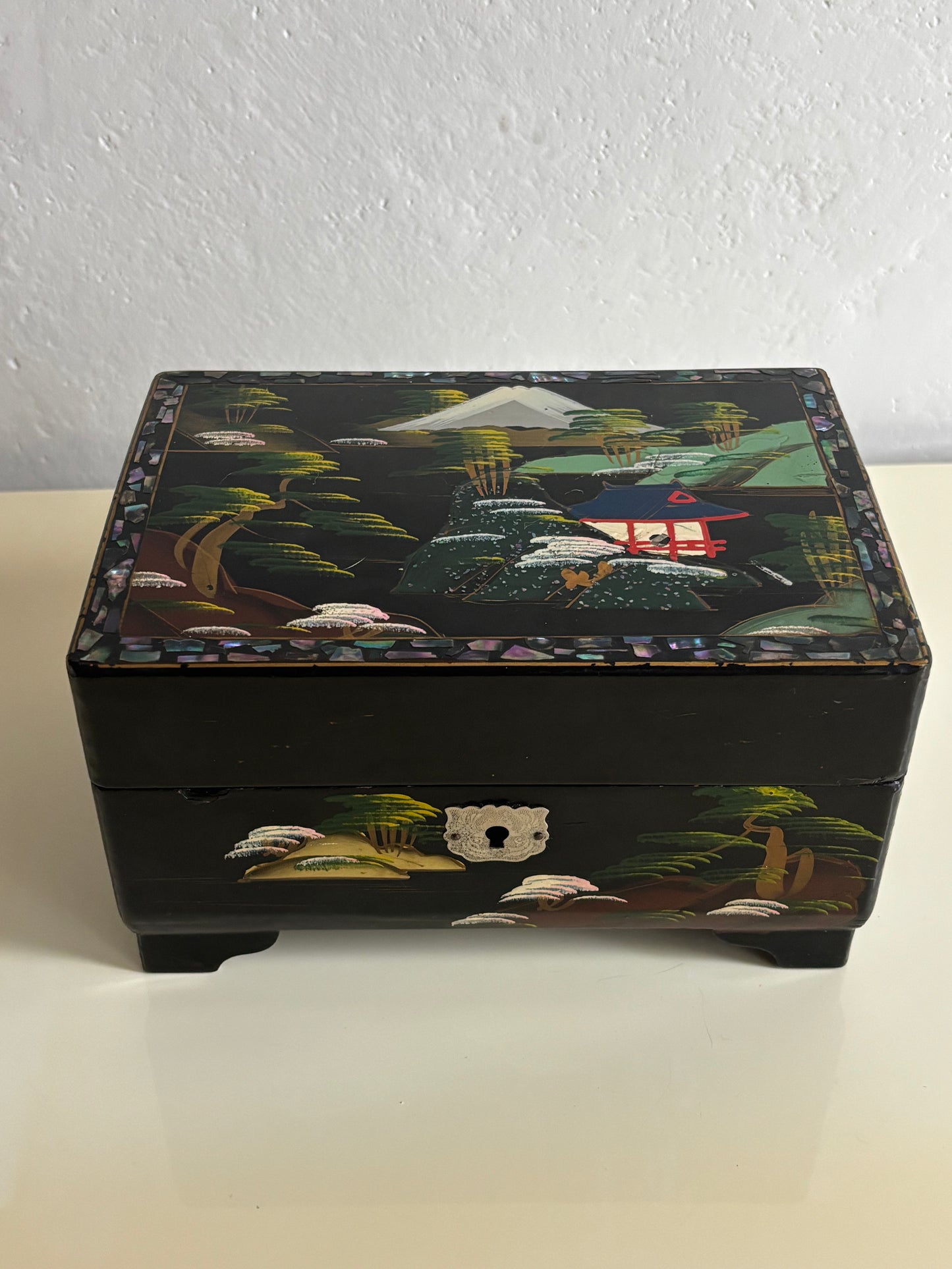 Vintage Japanese Lacquered Jewelry Box with Music Box and Ballerina